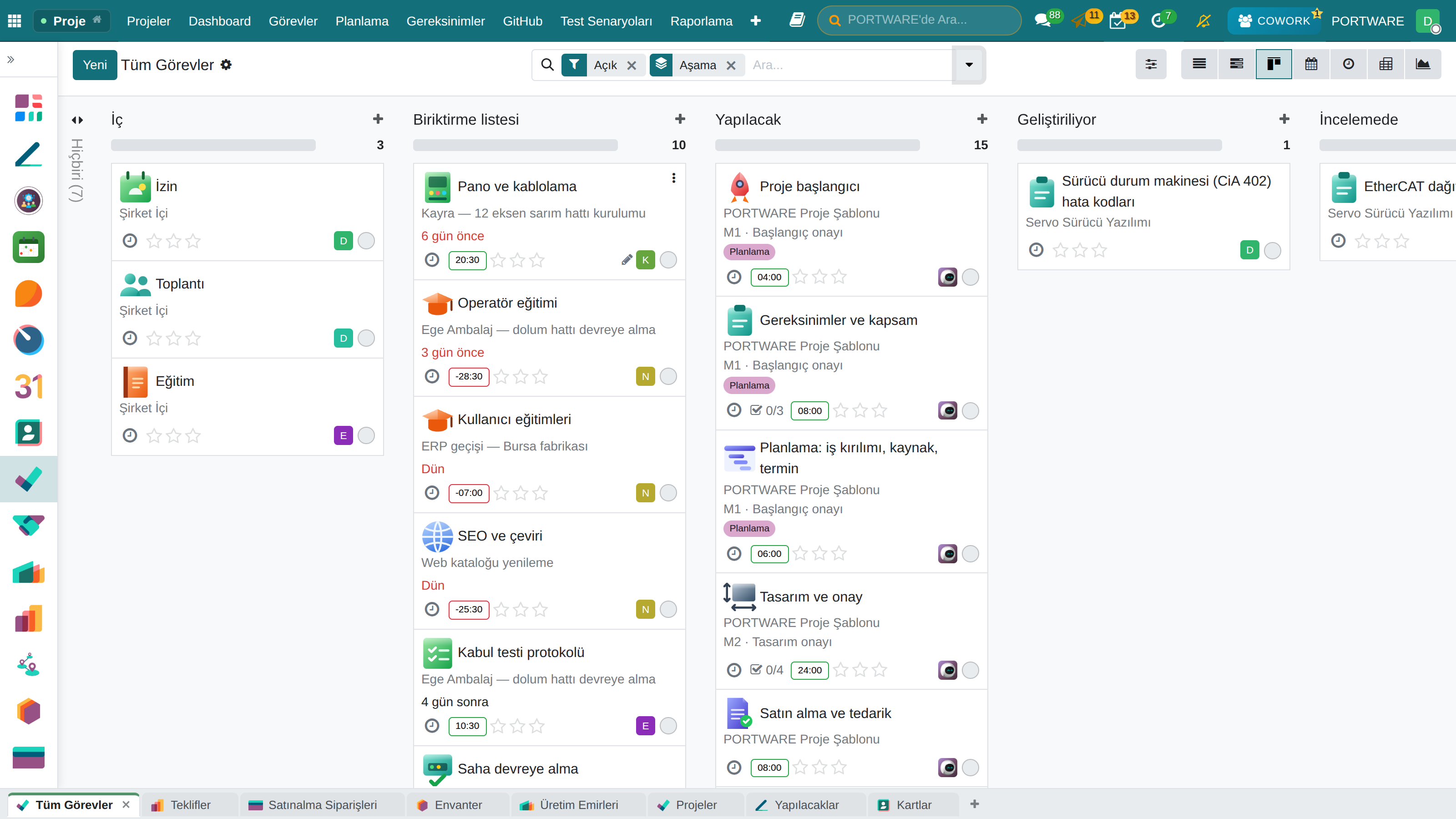Görevler aşamaya göre kanban
