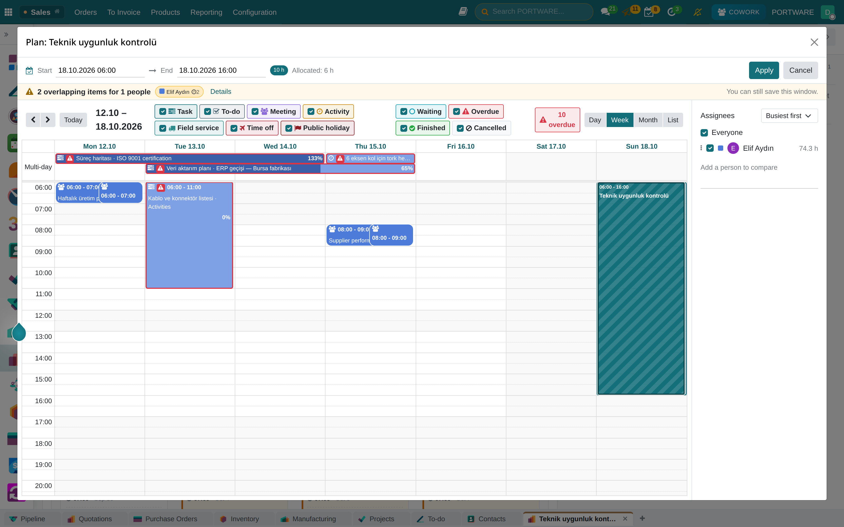 Plan on the calendar — the assignees' other work and conflict levels.