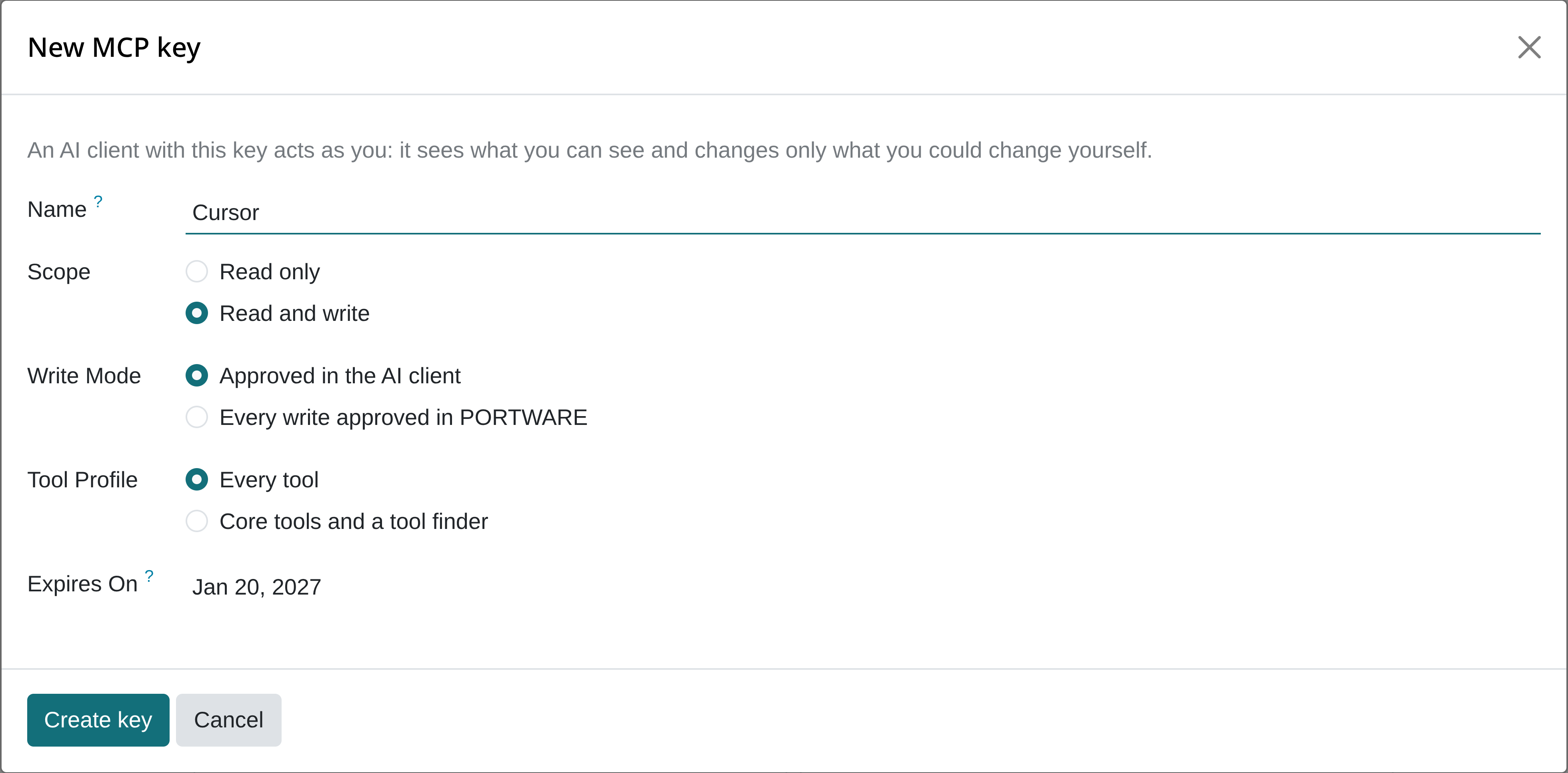 The new key window: the client's name, read only or read and write