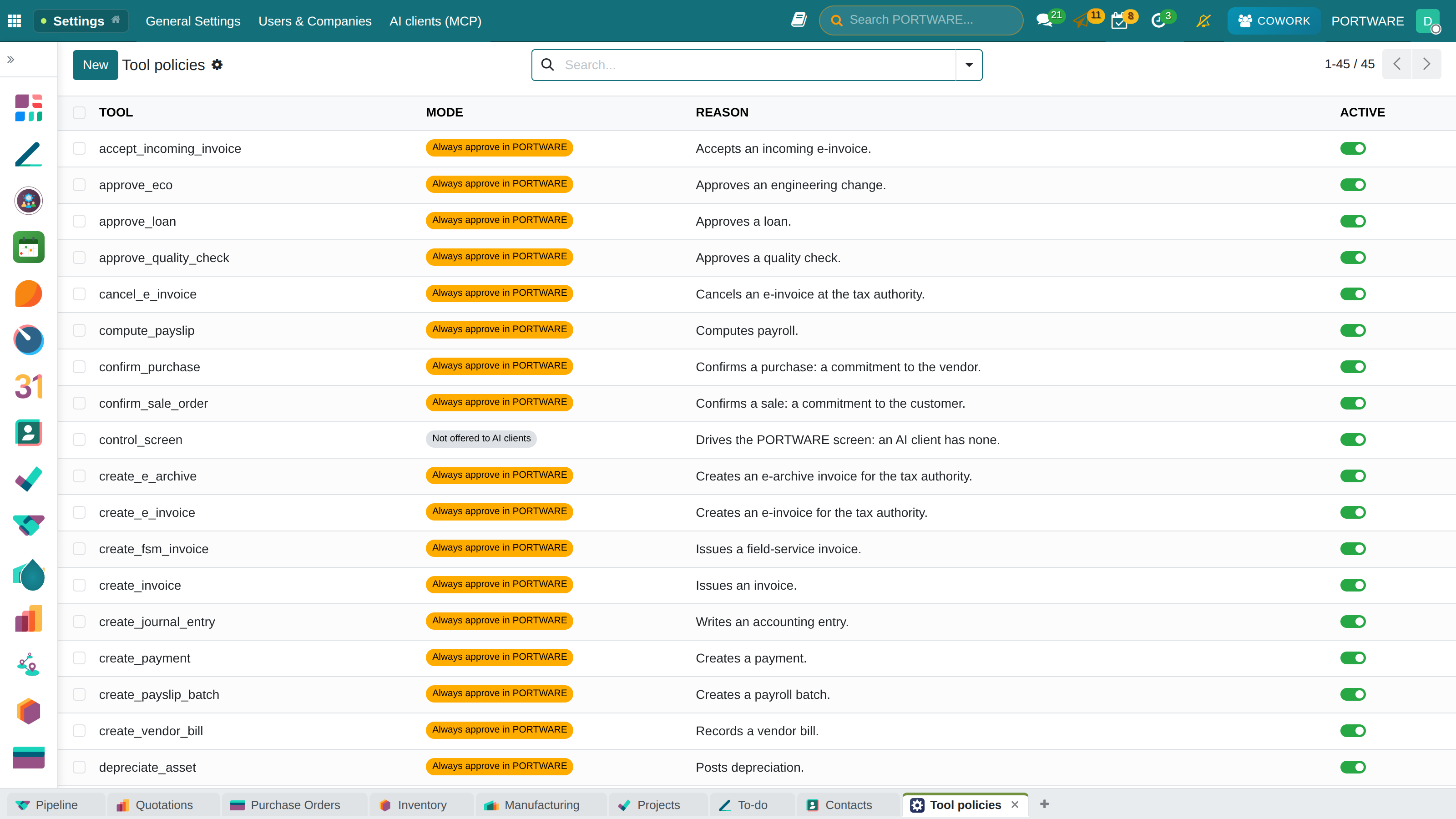 Tool policies: critical operations wait for approval in PORTWARE, screen tools are not offered