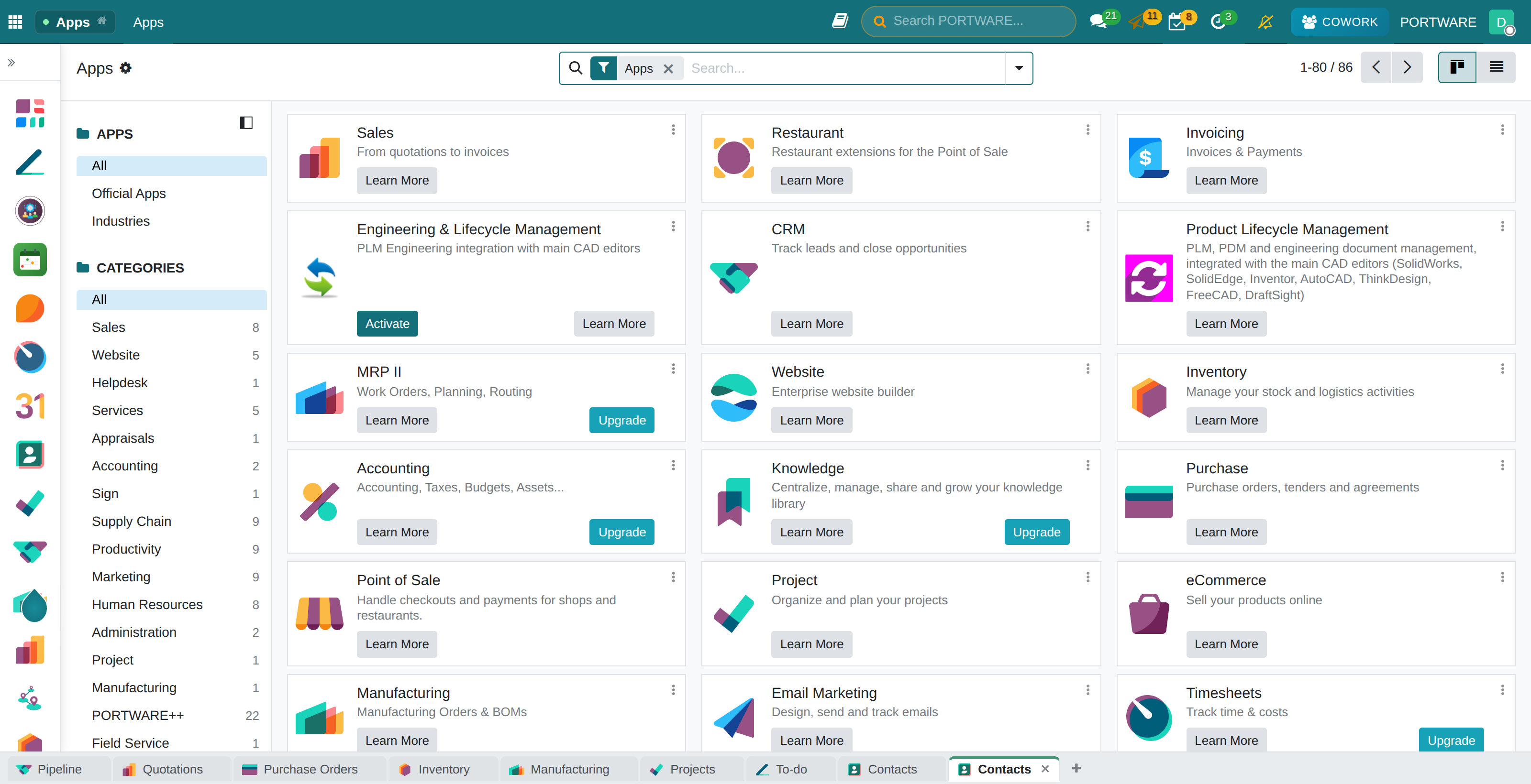 The list of installed applications
