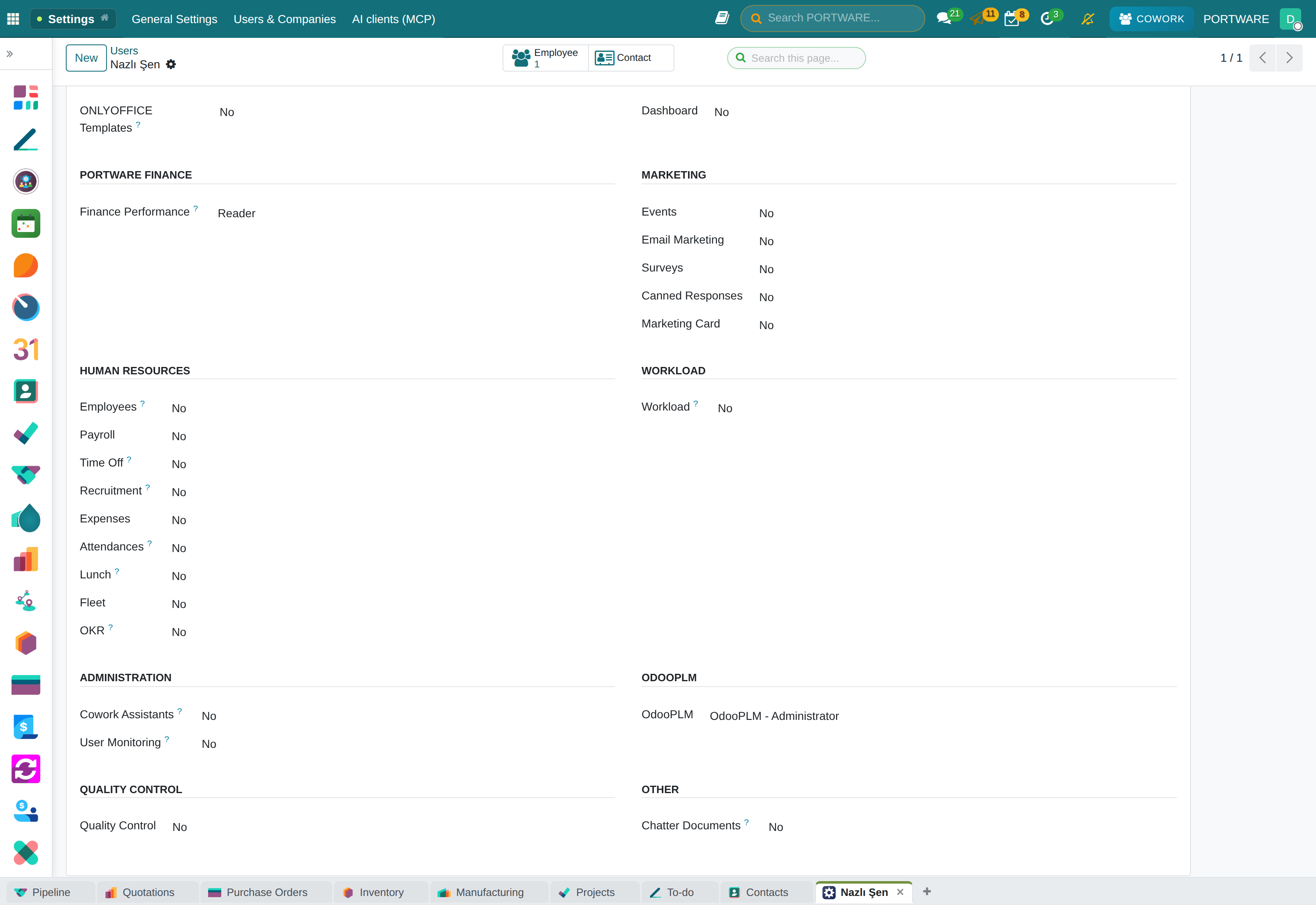 The OdooPLM level on the user form