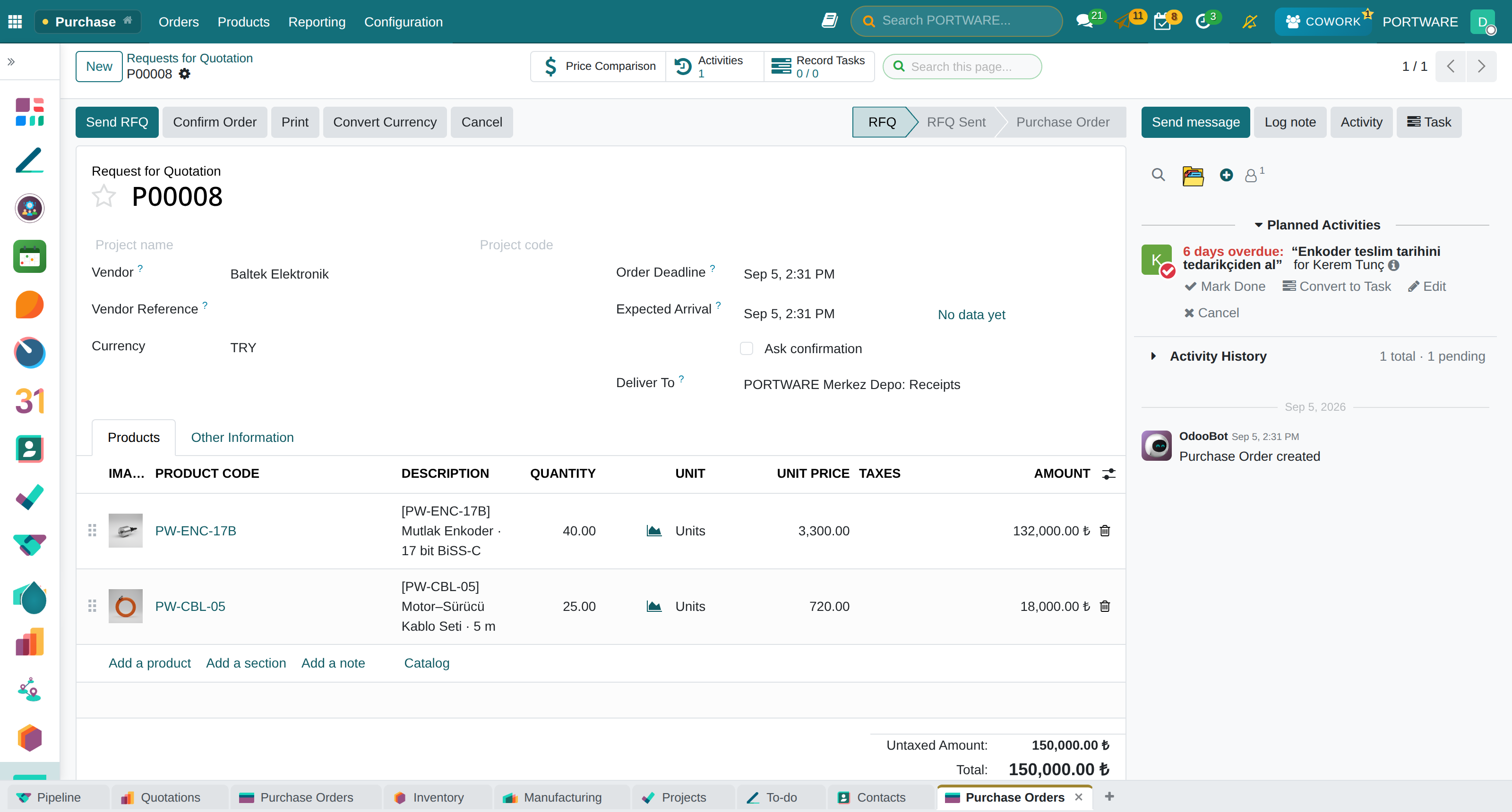 A request for quotation shows the product lines, the delivery date and the conversation with the vendor together.