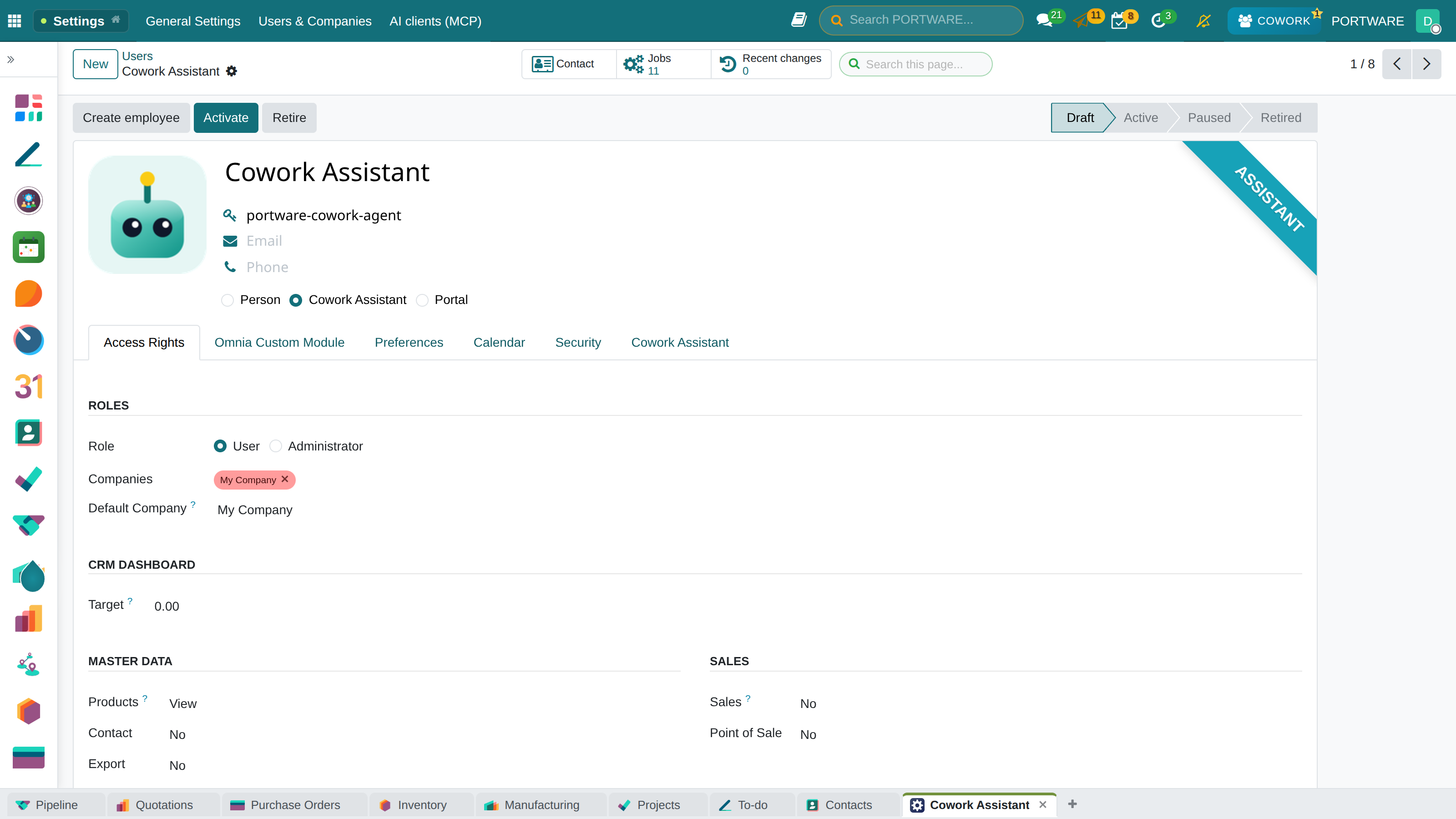 The user form, Access Rights tab: role, companies and the level per application