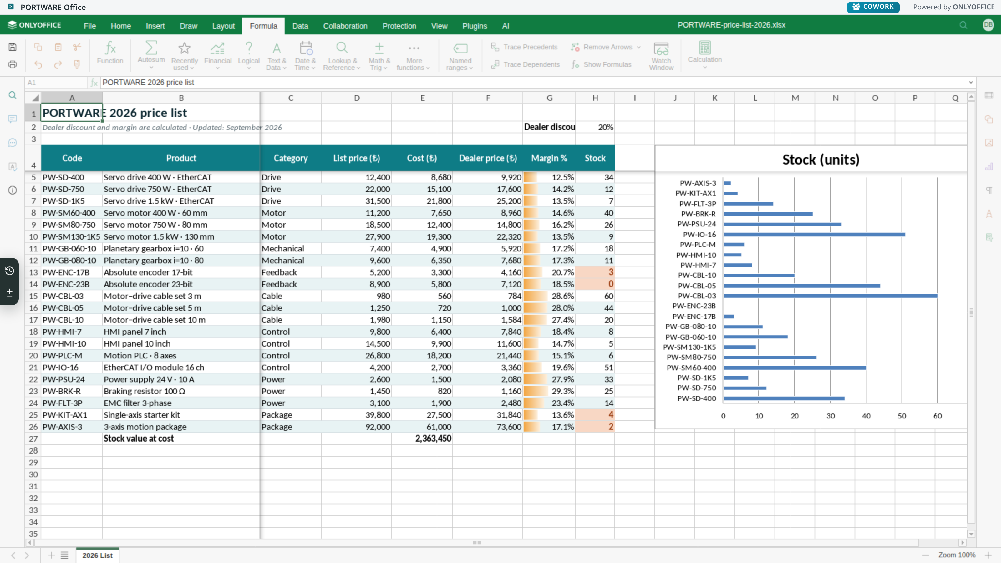 Excel editor — Formula tab