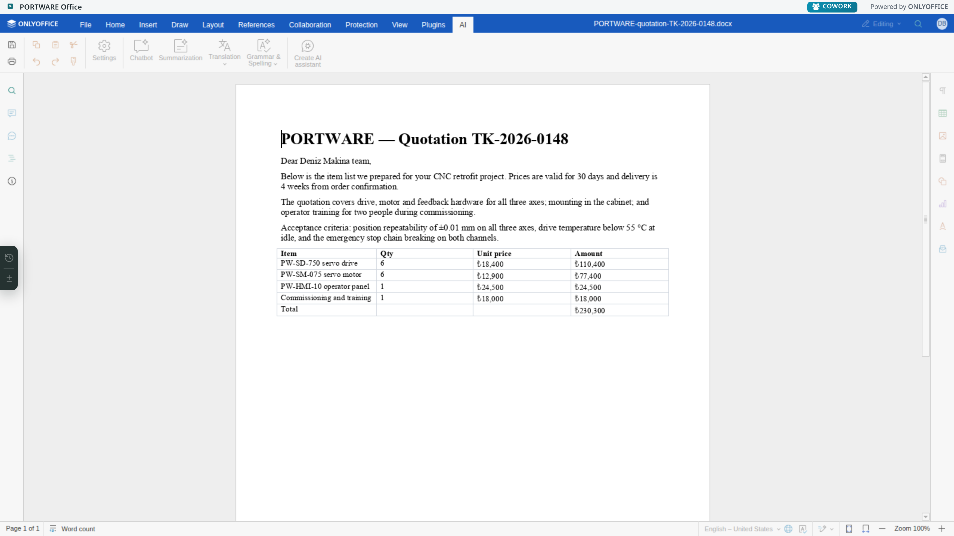 The word processor — the AI tab.