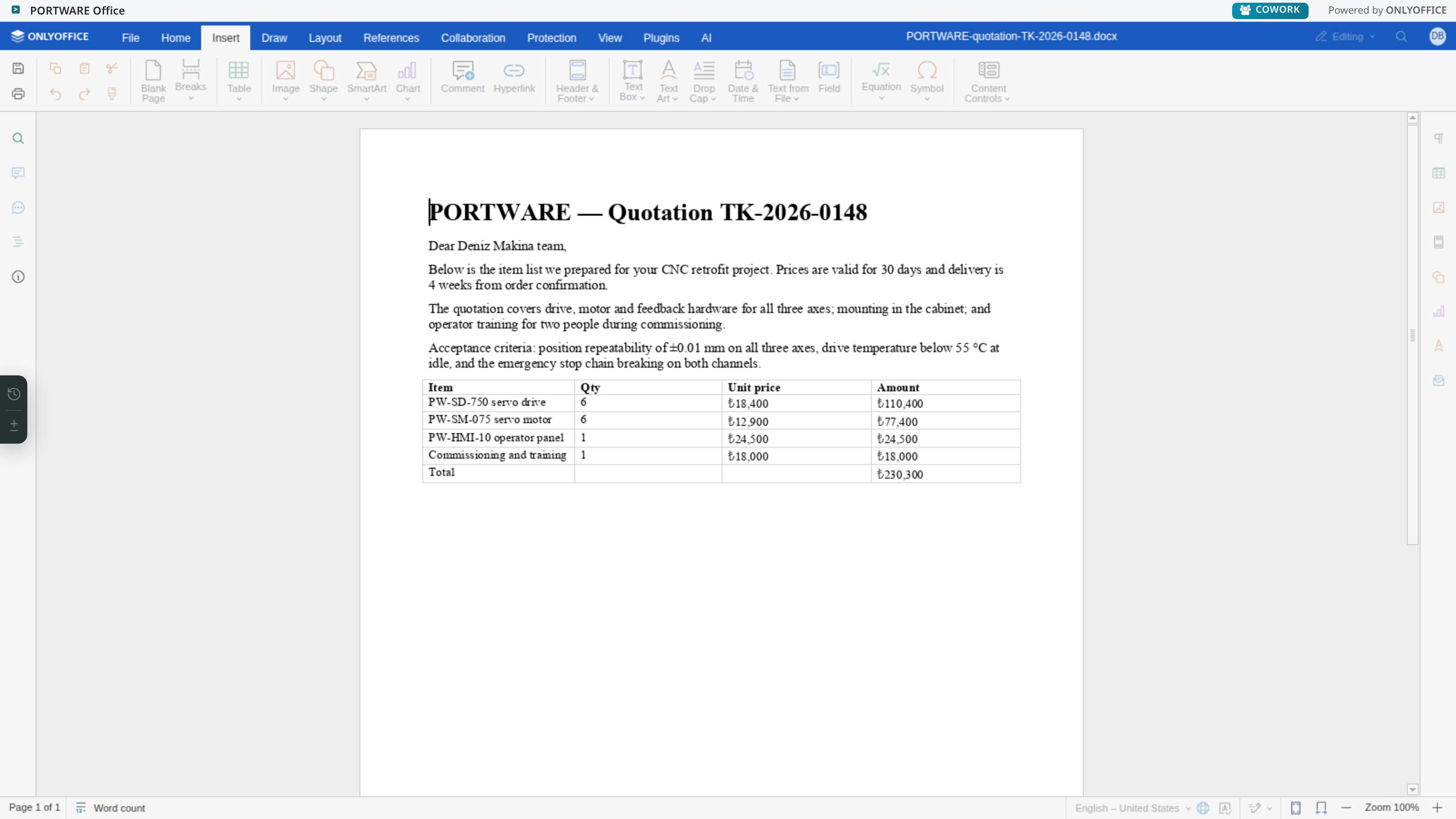 Word editor — Insert tab