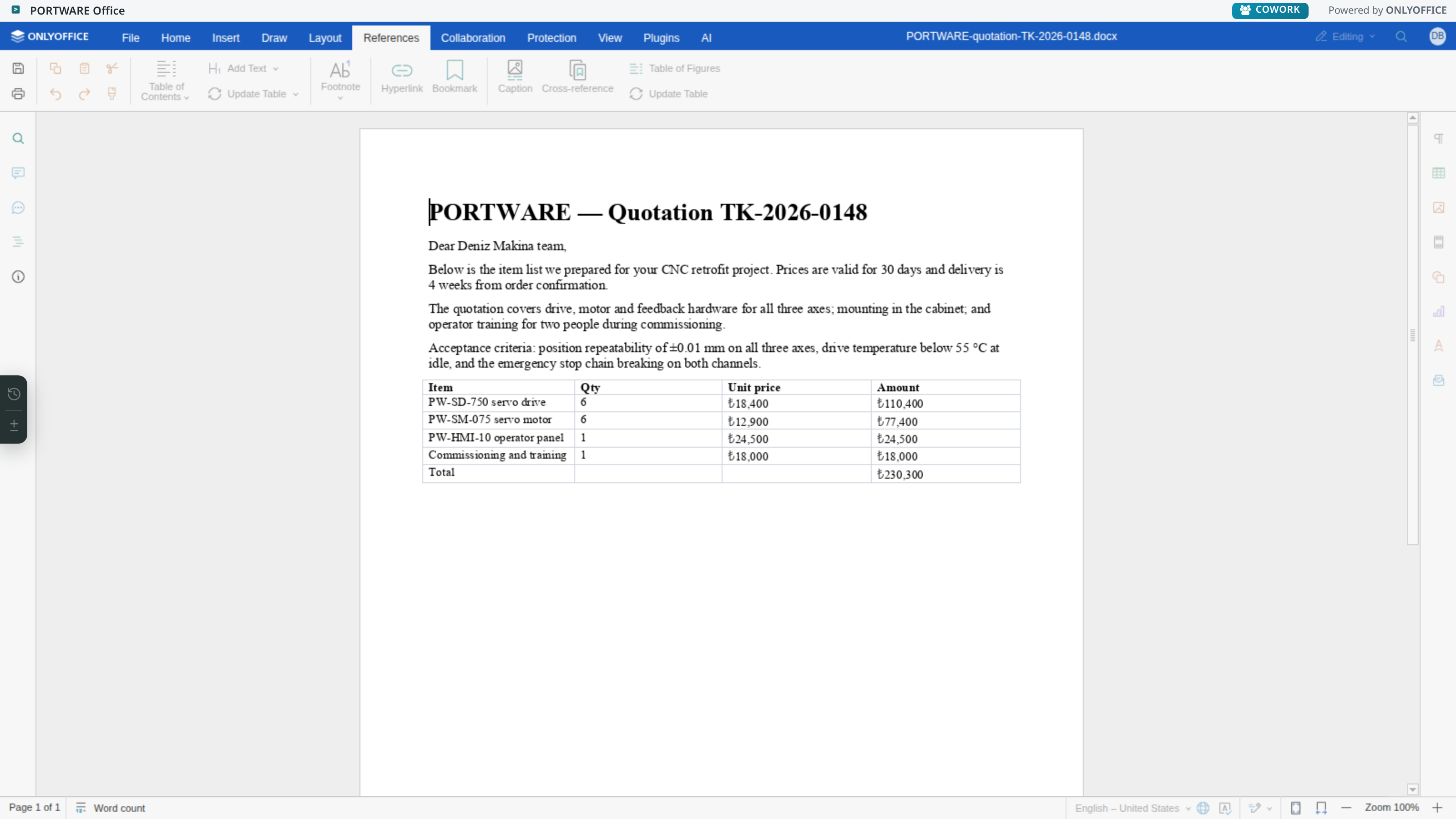 Word editor — References tab