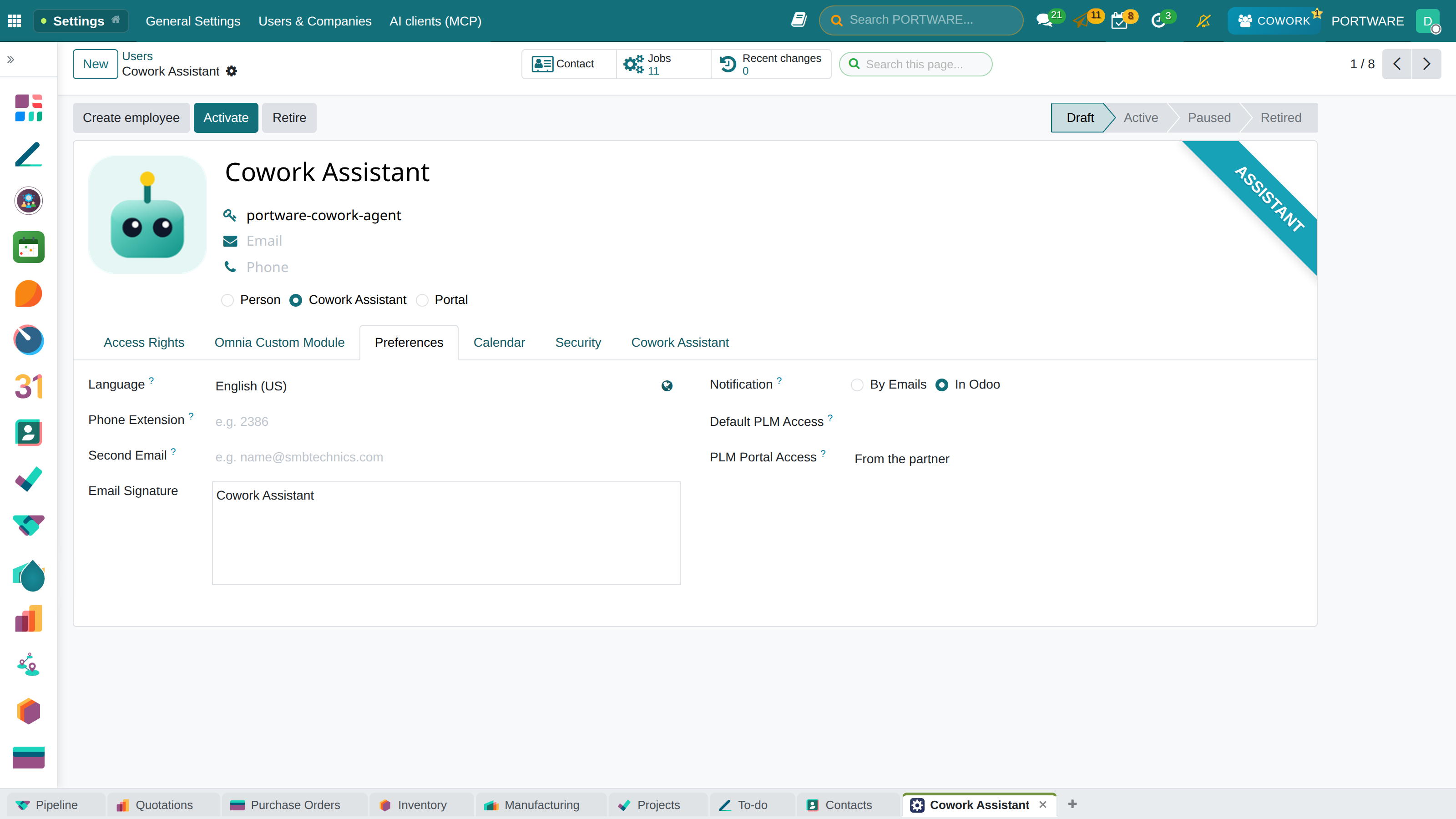 My Preferences, Preferences tab: language, notification channel and email signature