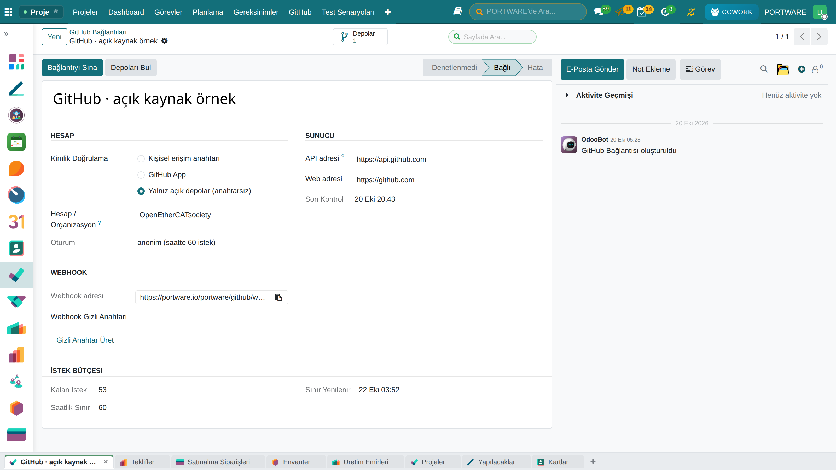 GitHub bağlantı formu