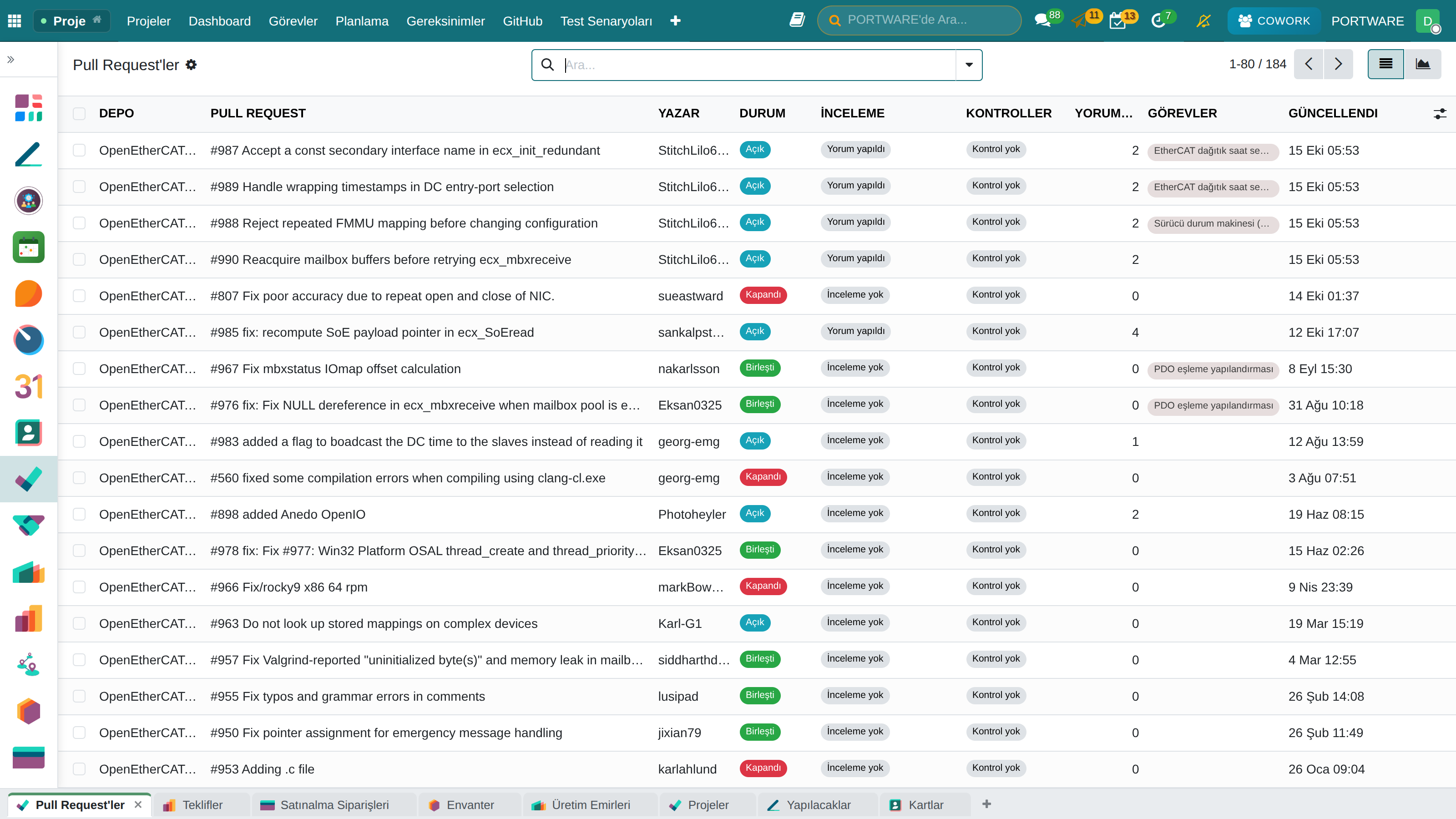 Pull request listesi: inceleme, kontroller ve bağlı görevler