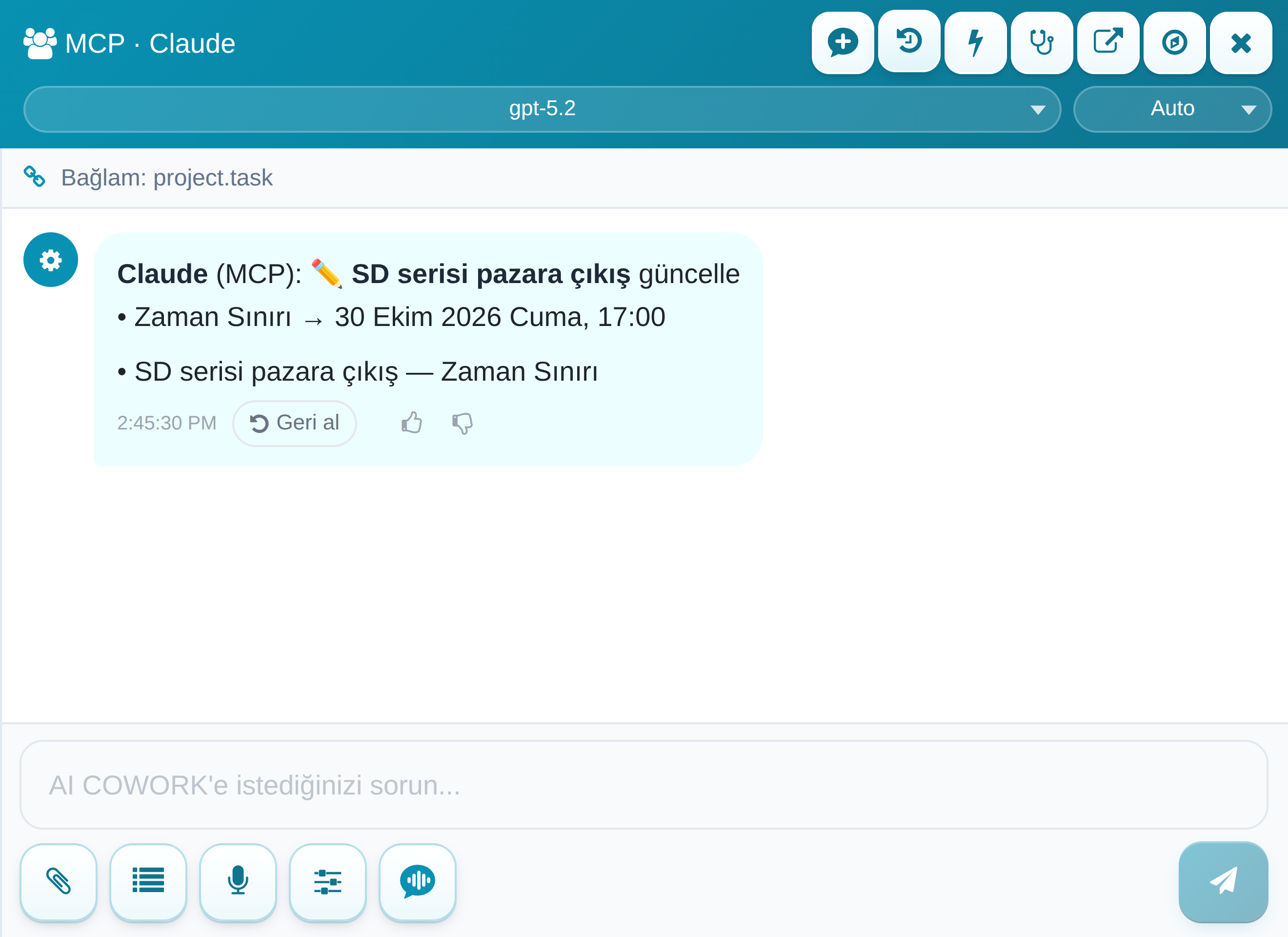 Cowork panelinde Claude'un yaptığı değişiklik ve geri al düğmesi