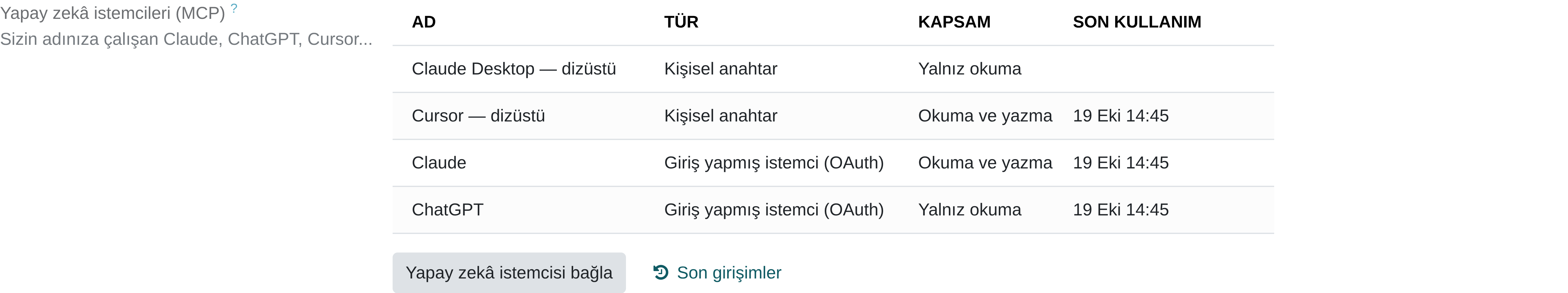 Profildeki liste: Claude ve ChatGPT tarayıcıdan, Cursor anahtarla bağlı