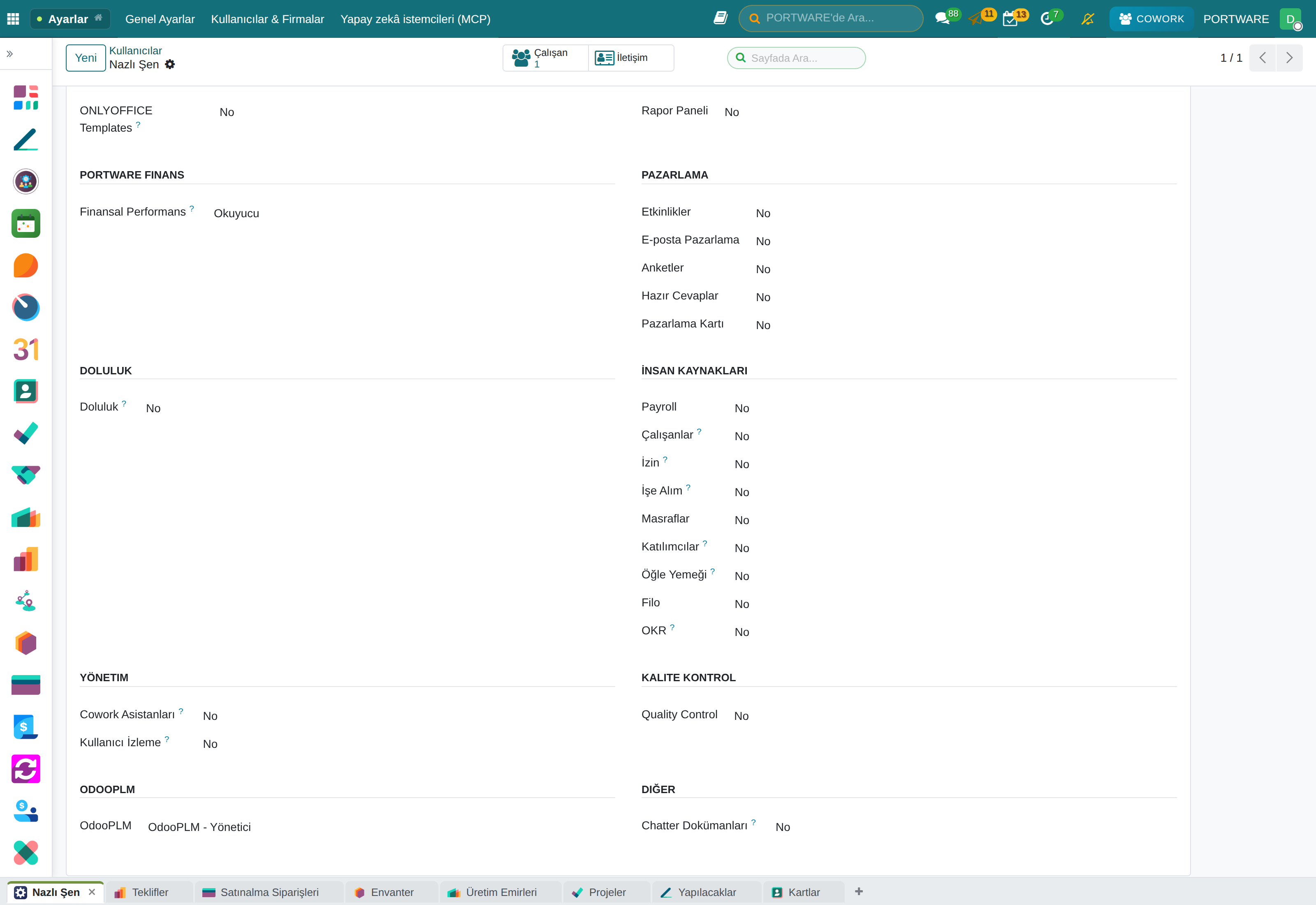 Kullanıcı formunda OdooPLM seviyesi
