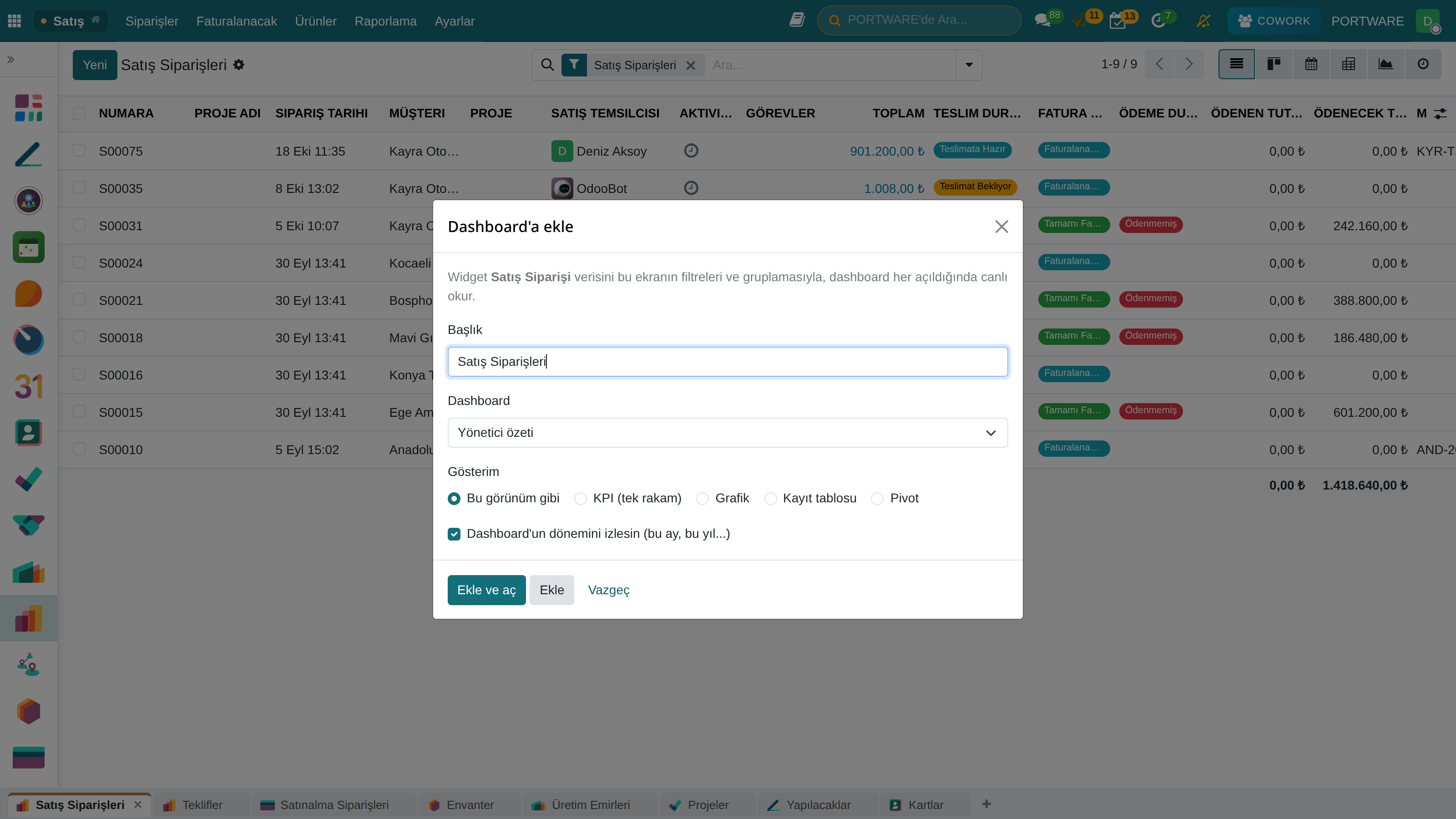 Dashboard'a ekle diyaloğu