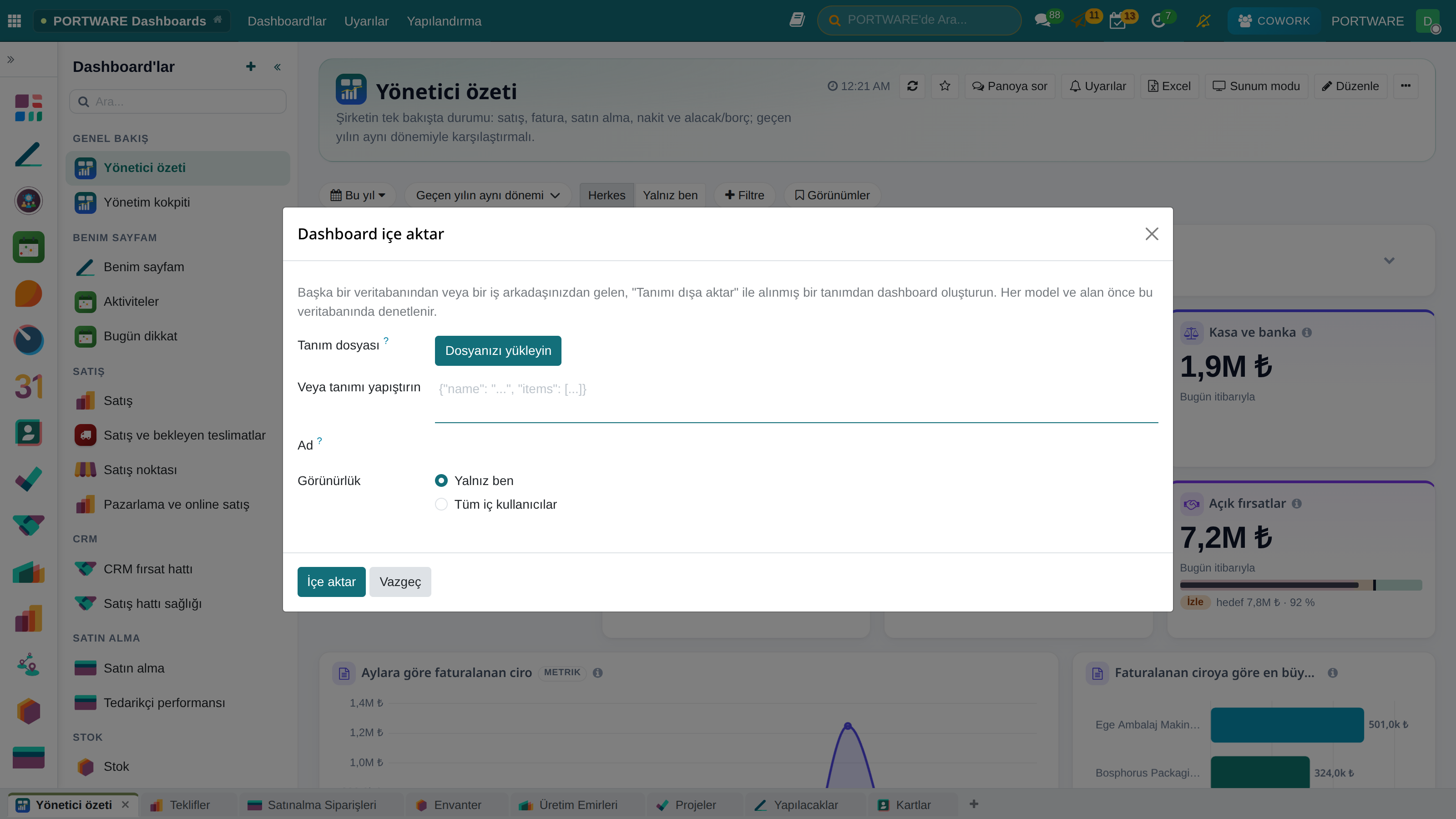Dashboard içe aktar penceresi