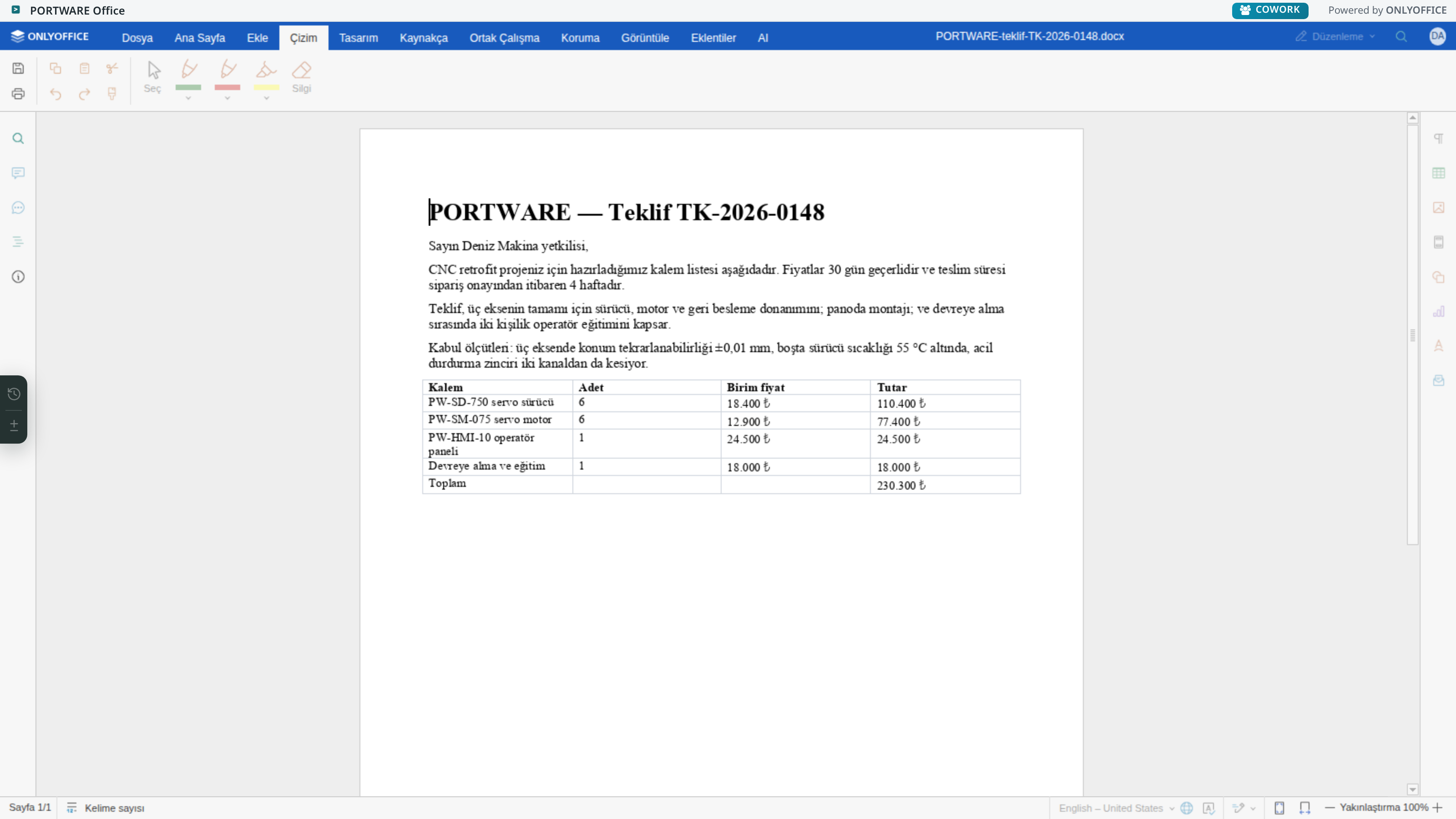 Word editörü — Çizim sekmesi