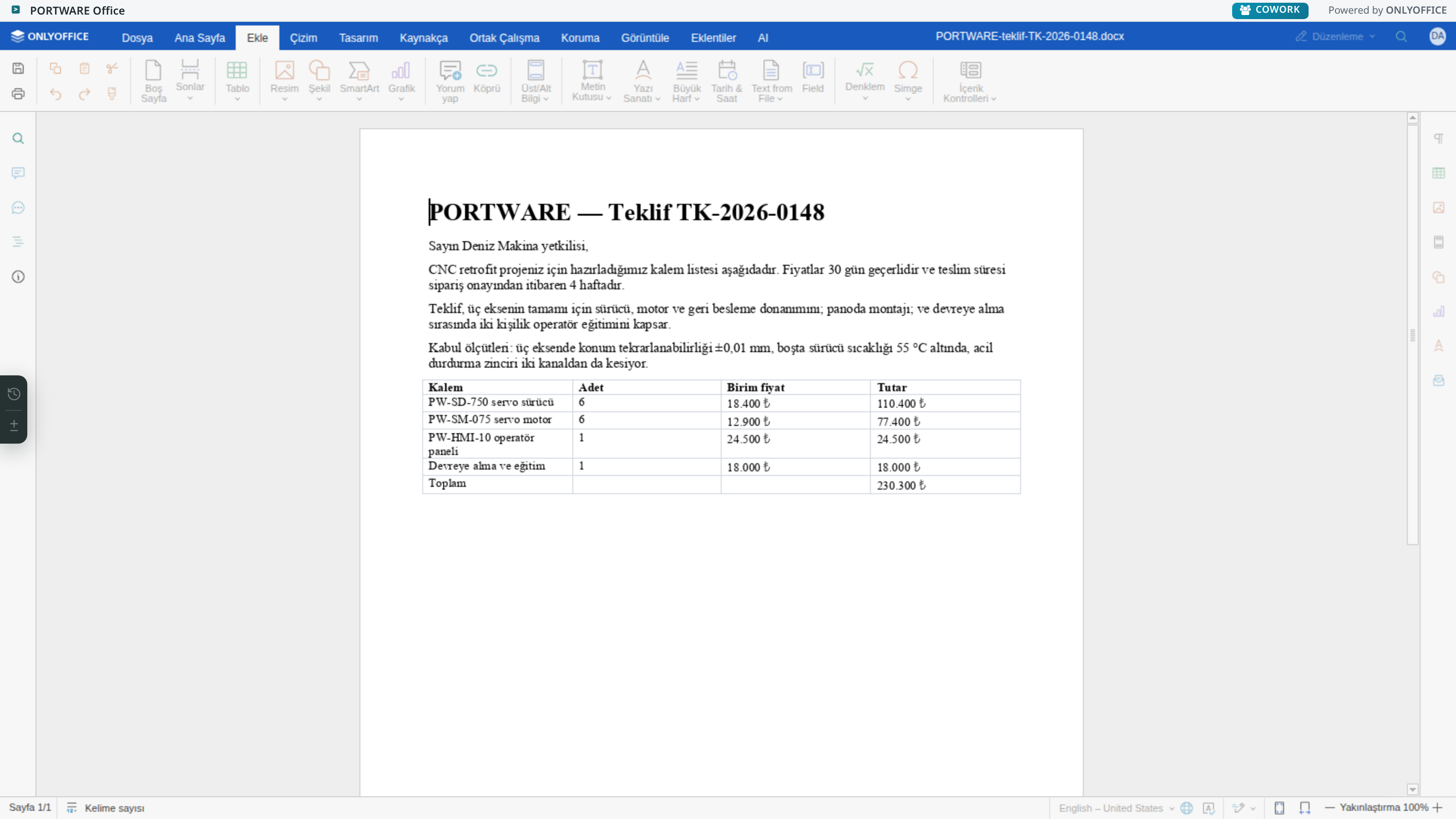 Word editörü — Ekle sekmesi
