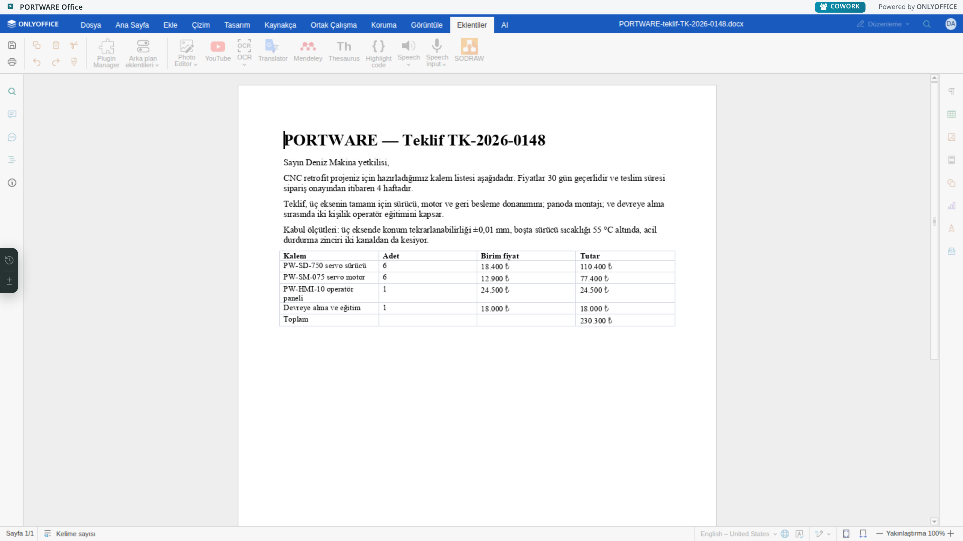 Word editörü — Eklentiler sekmesi