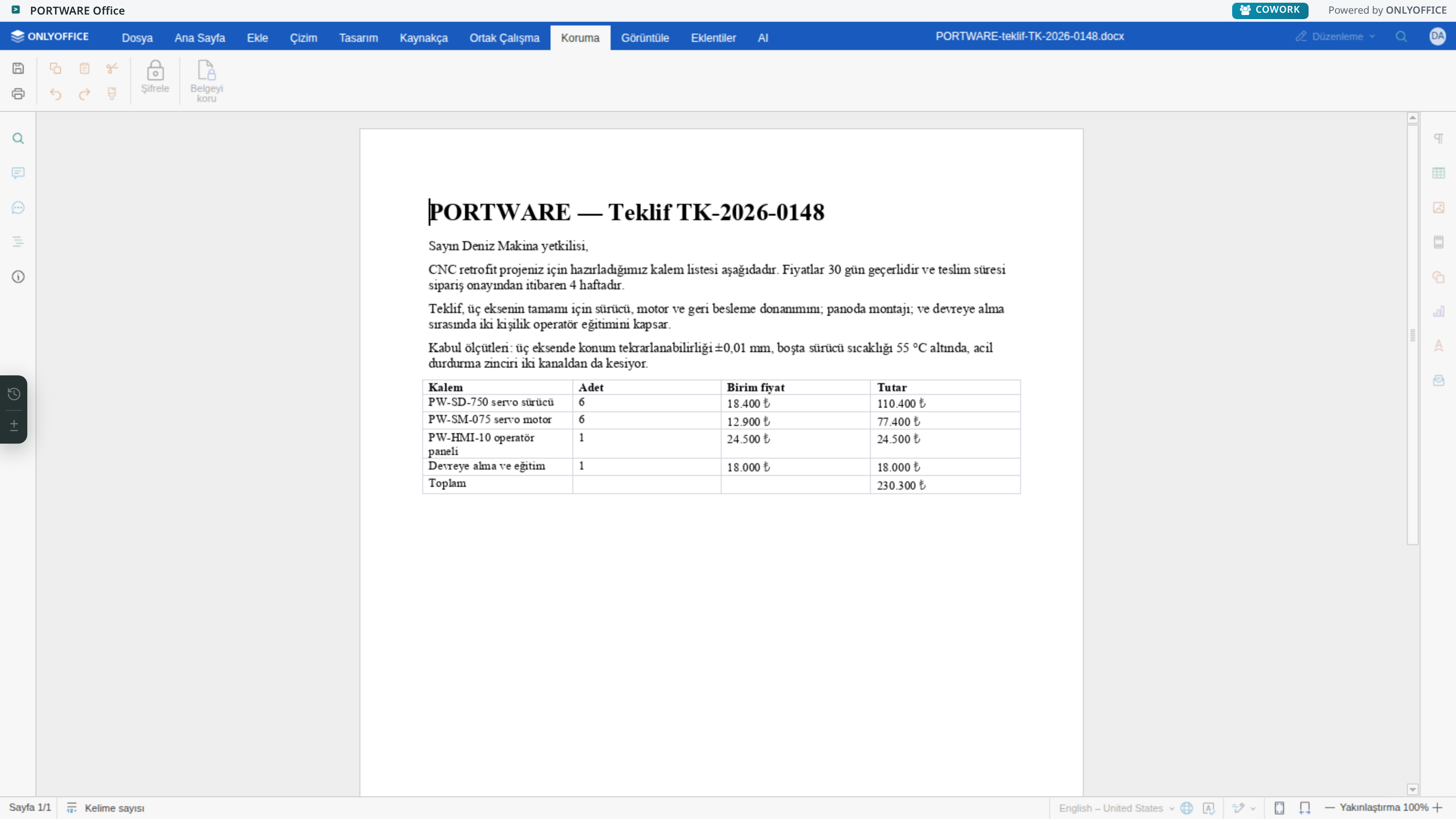Word editörü — Koruma sekmesi