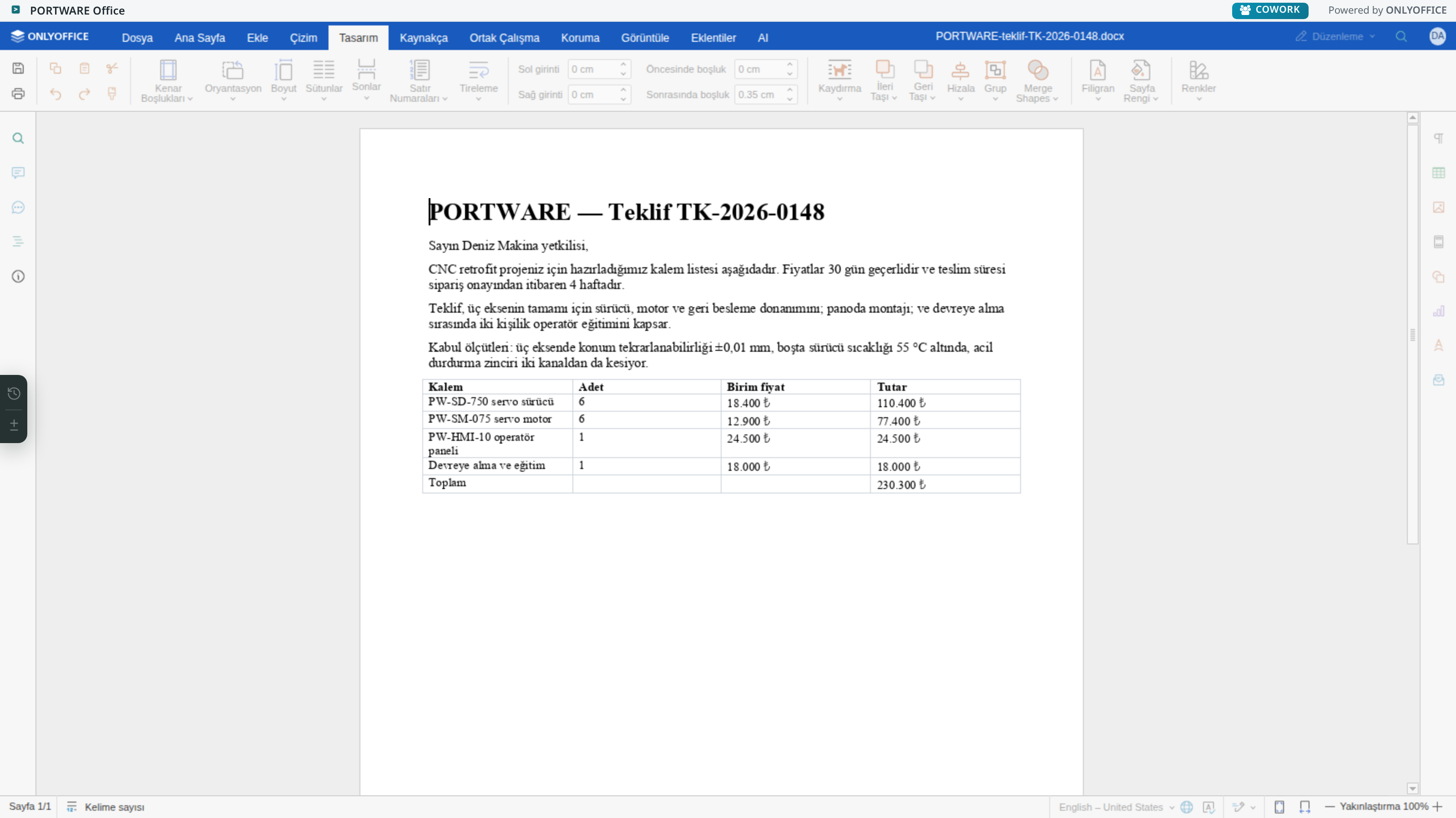Word editörü — Tasarım sekmesi