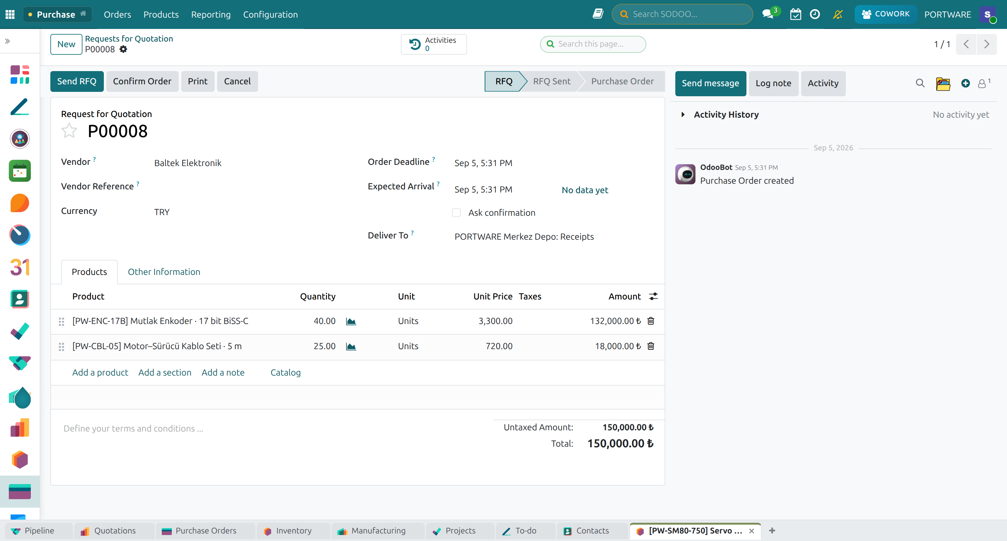 A purchase order — lines, vendor and delivery schedule.