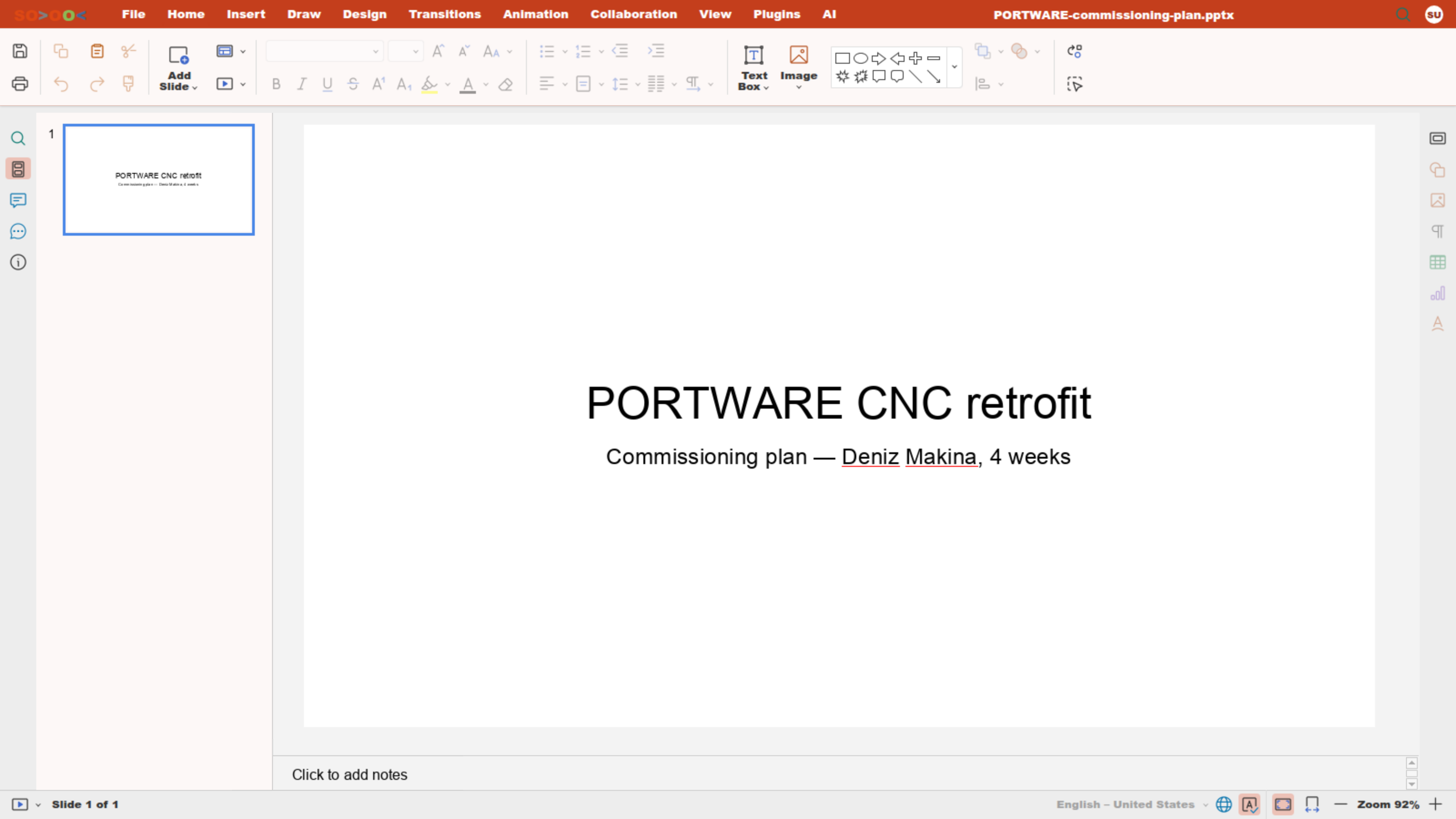 SODOOC presentation editor — PORTWARE commissioning deck, Home tab