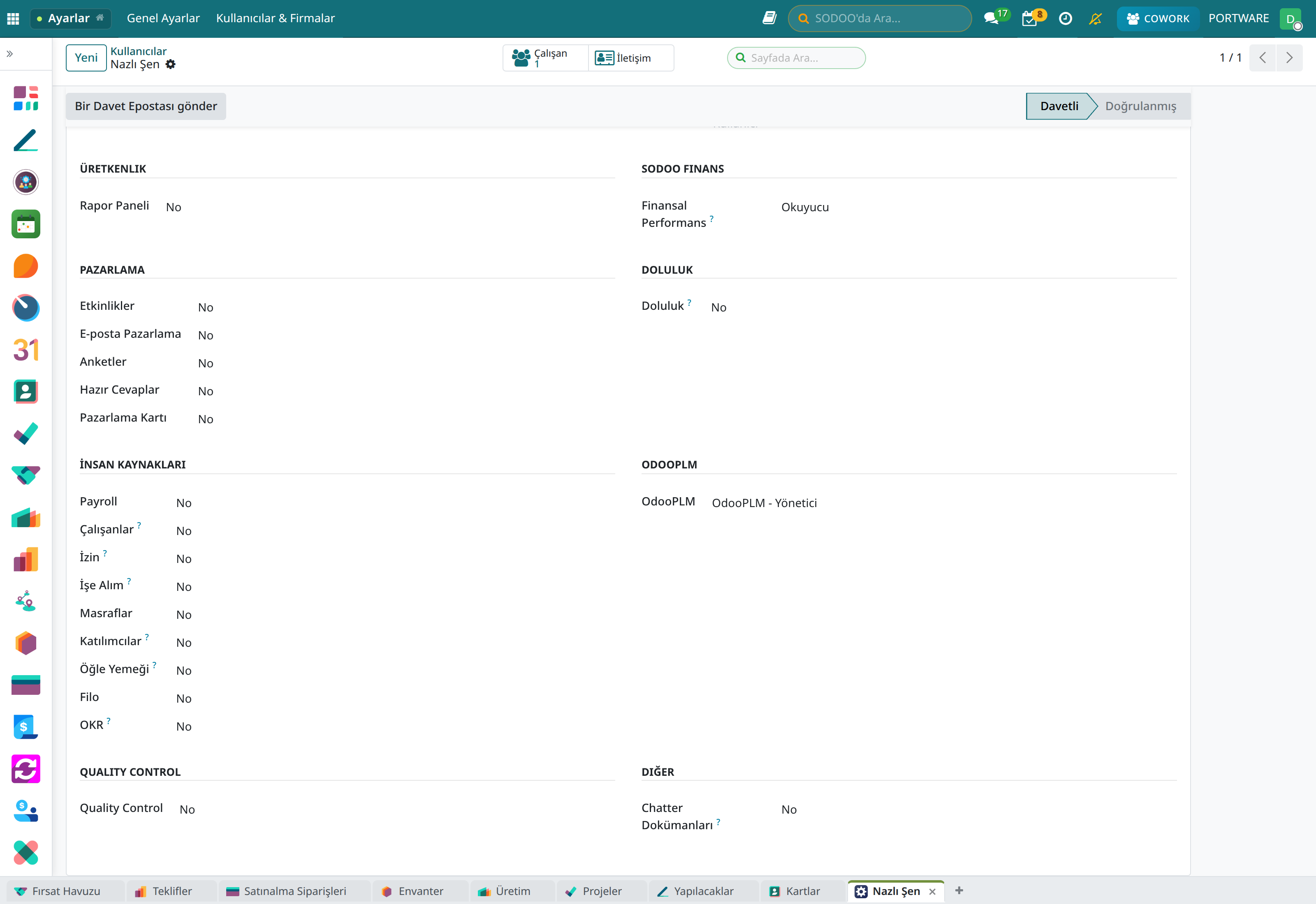 Kullanıcı formunda OdooPLM seviyesi