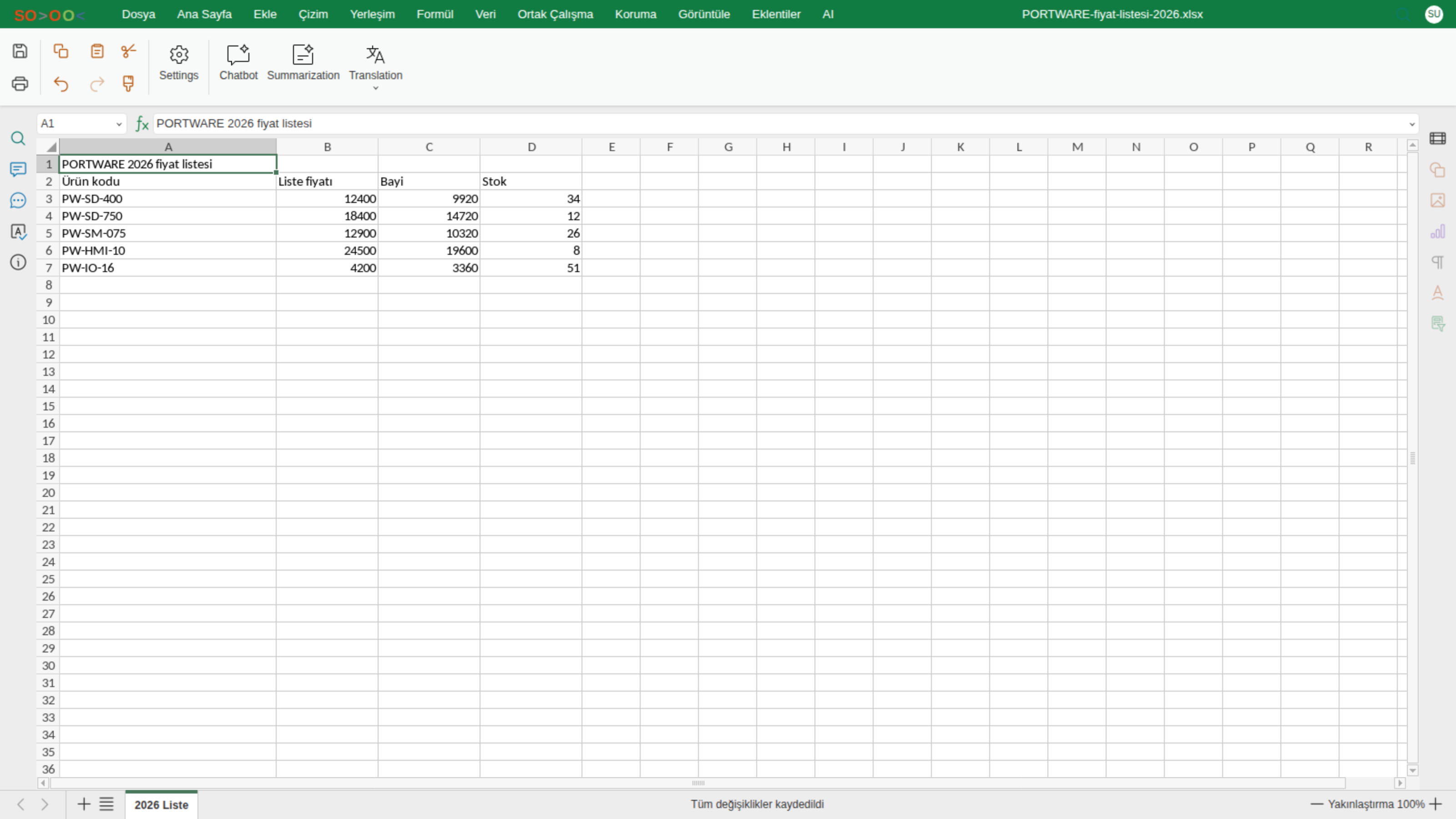 Excel editörü — AI sekmesi