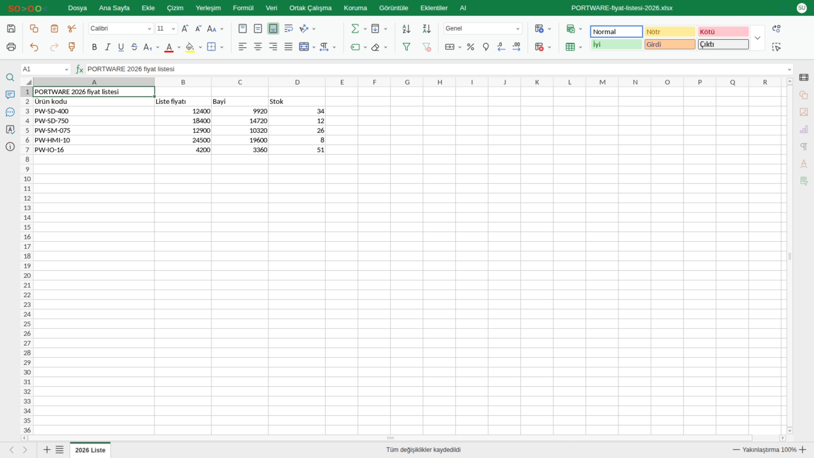 Excel editörü — PORTWARE fiyat listesi, Ana Sayfa sekmesi.