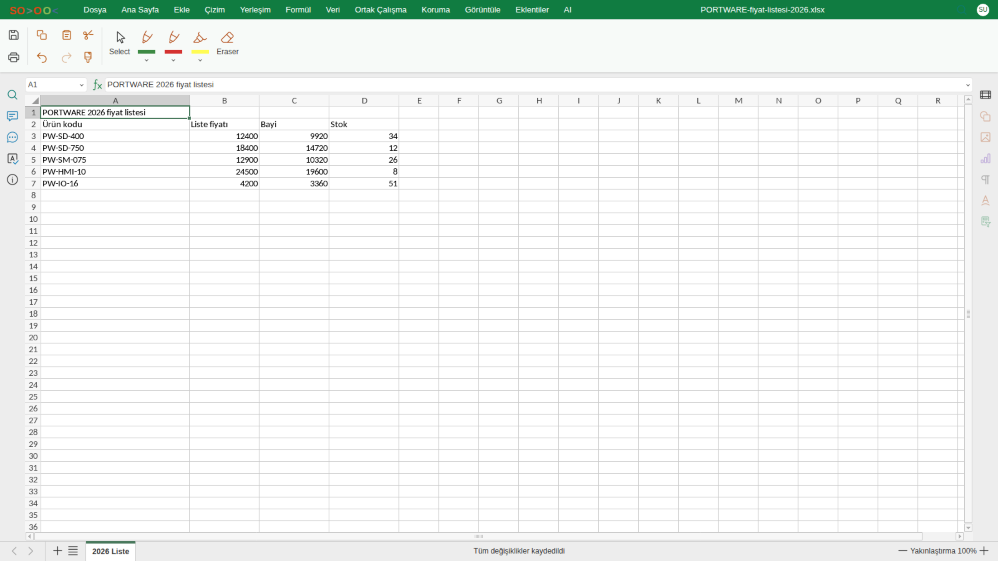 Excel editörü — Çizim sekmesi