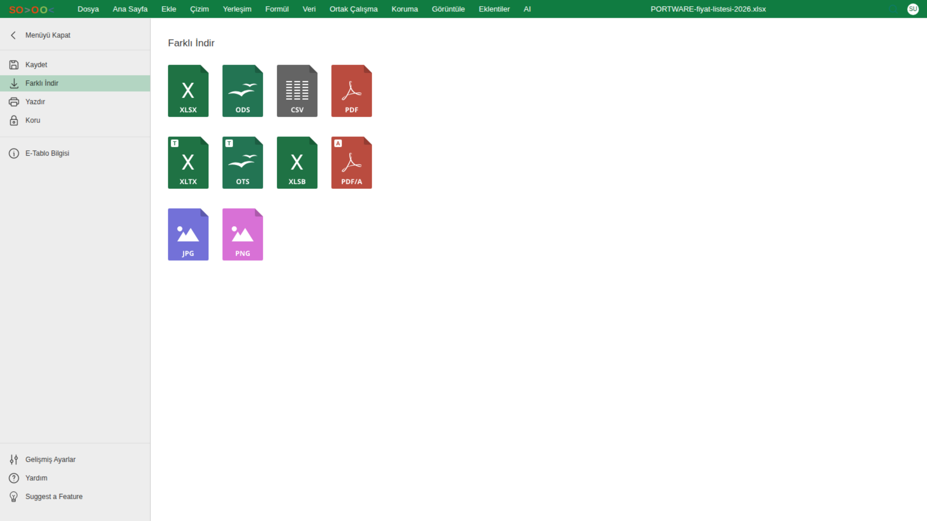 Excel editörü — Dosya sekmesi