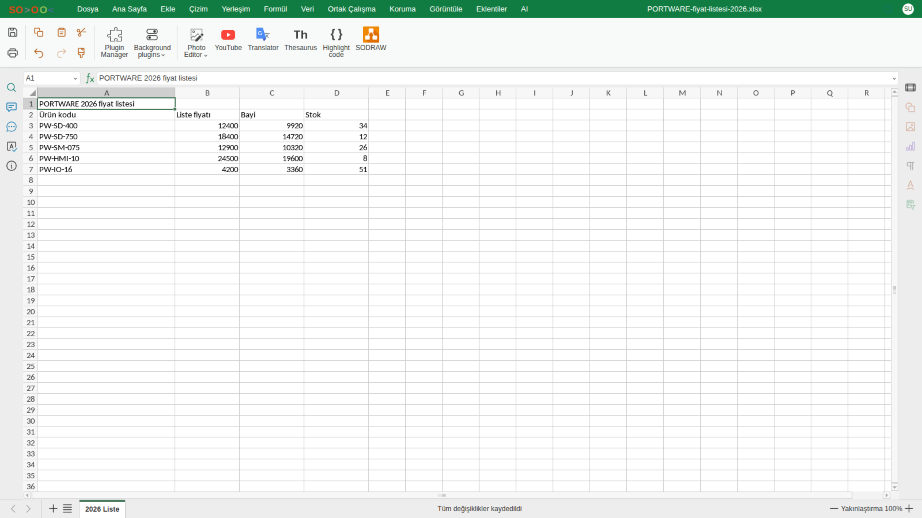 Excel editörü — Eklentiler sekmesi