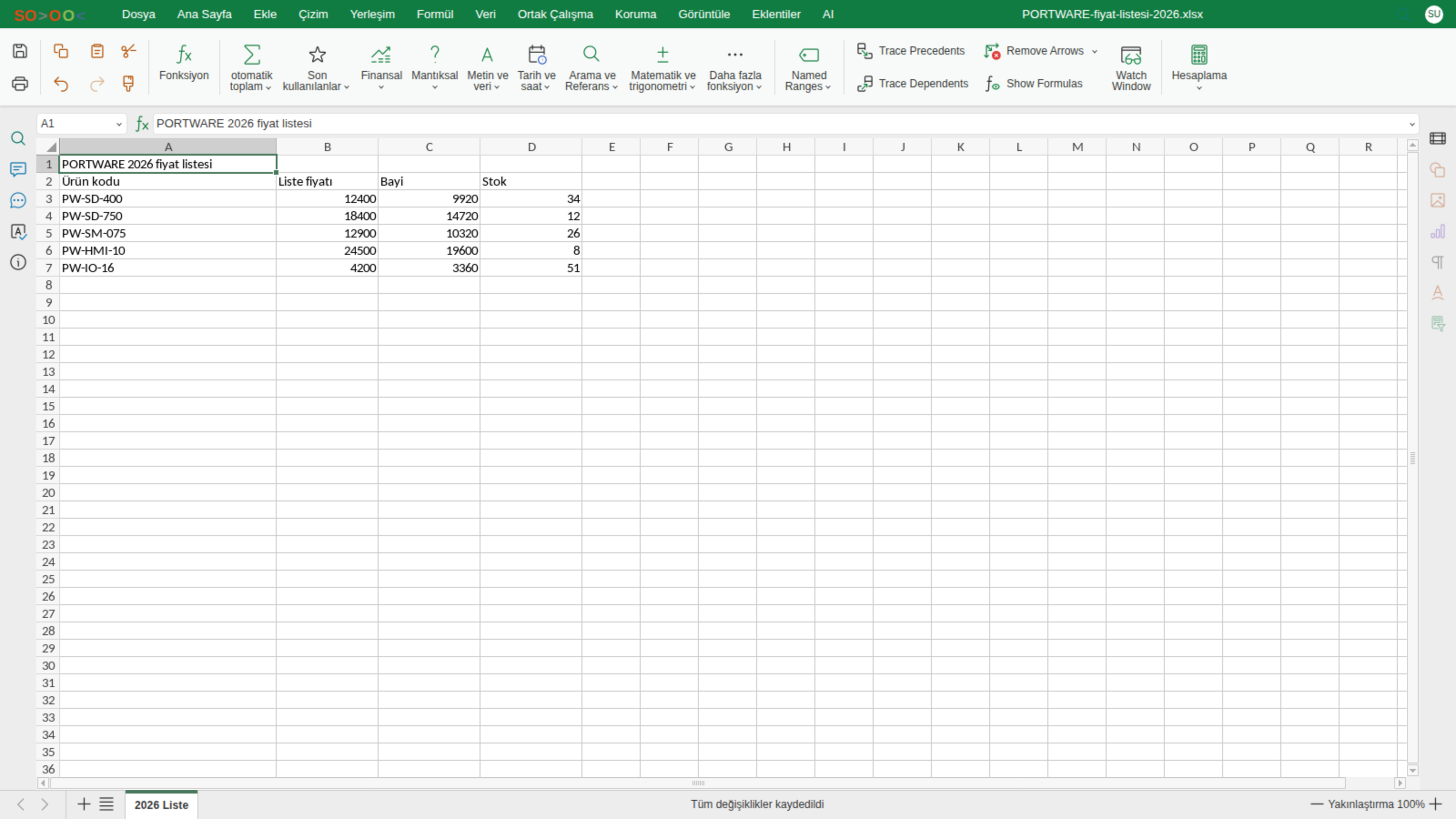 Excel editörü — Formül sekmesi