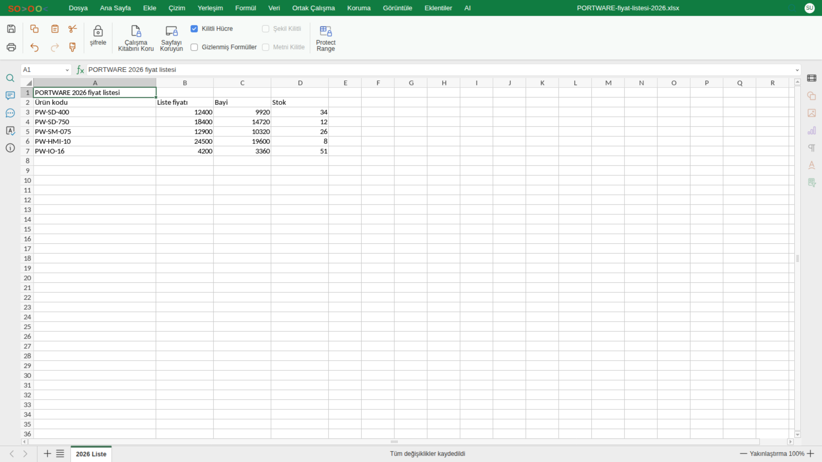 Excel editörü — Koruma sekmesi