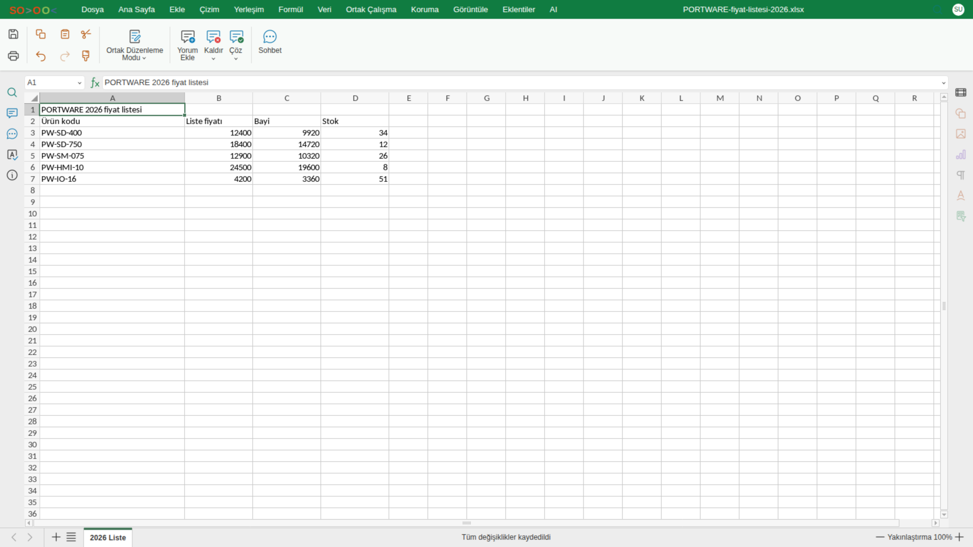 Excel editörü — Ortak Çalışma sekmesi