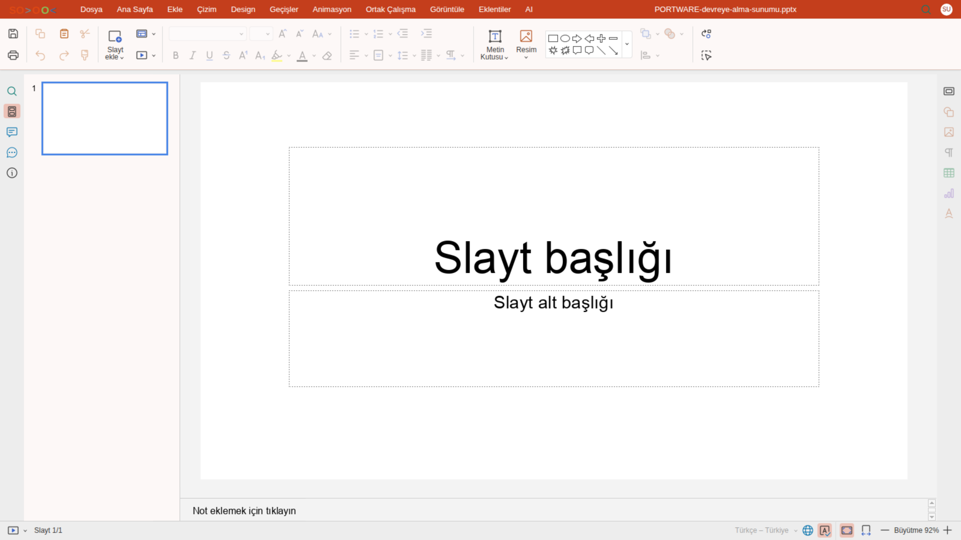 Sunum editörü — Ana Sayfa sekmesi