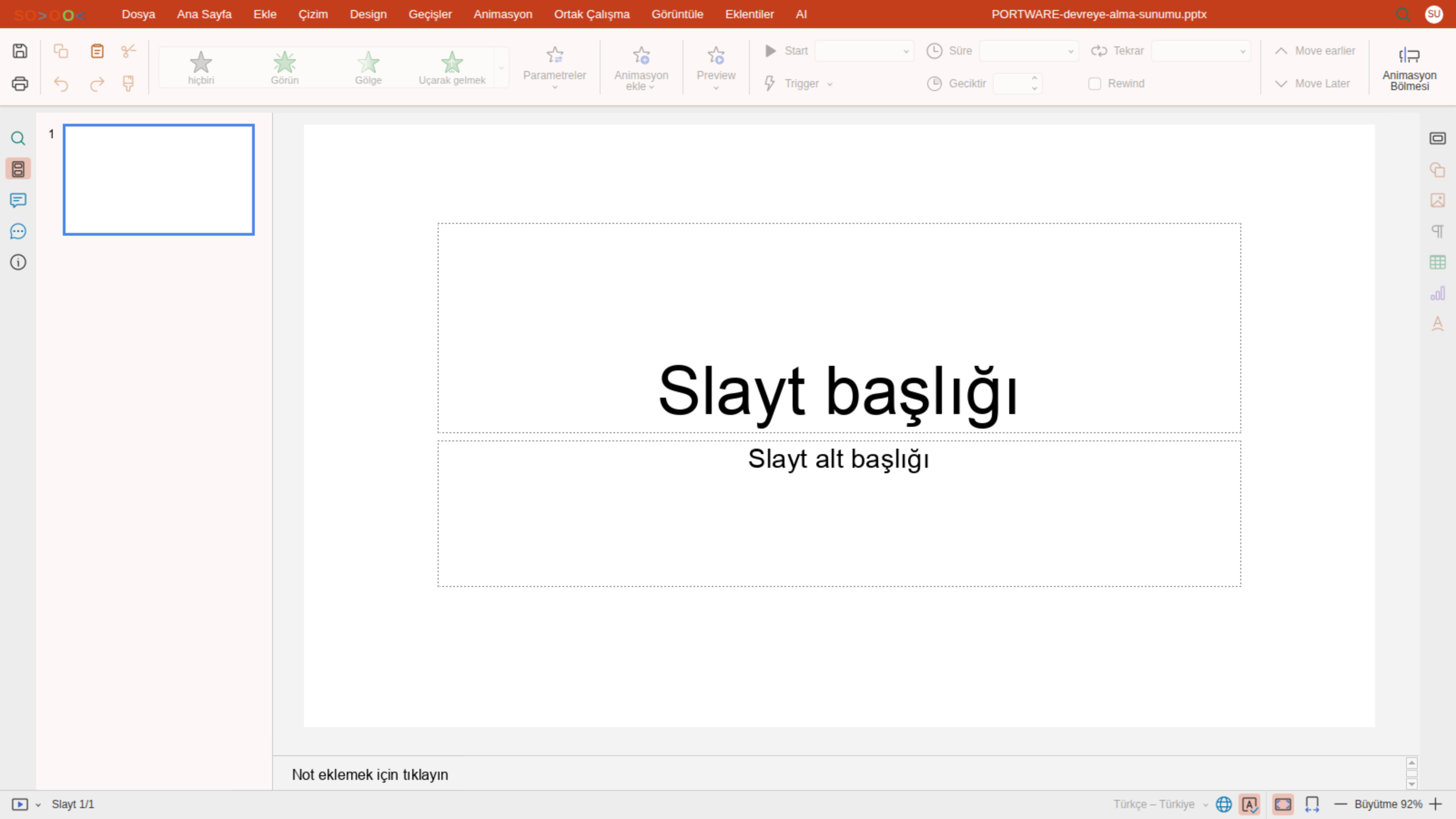 Sunum editörü — Animasyon sekmesi