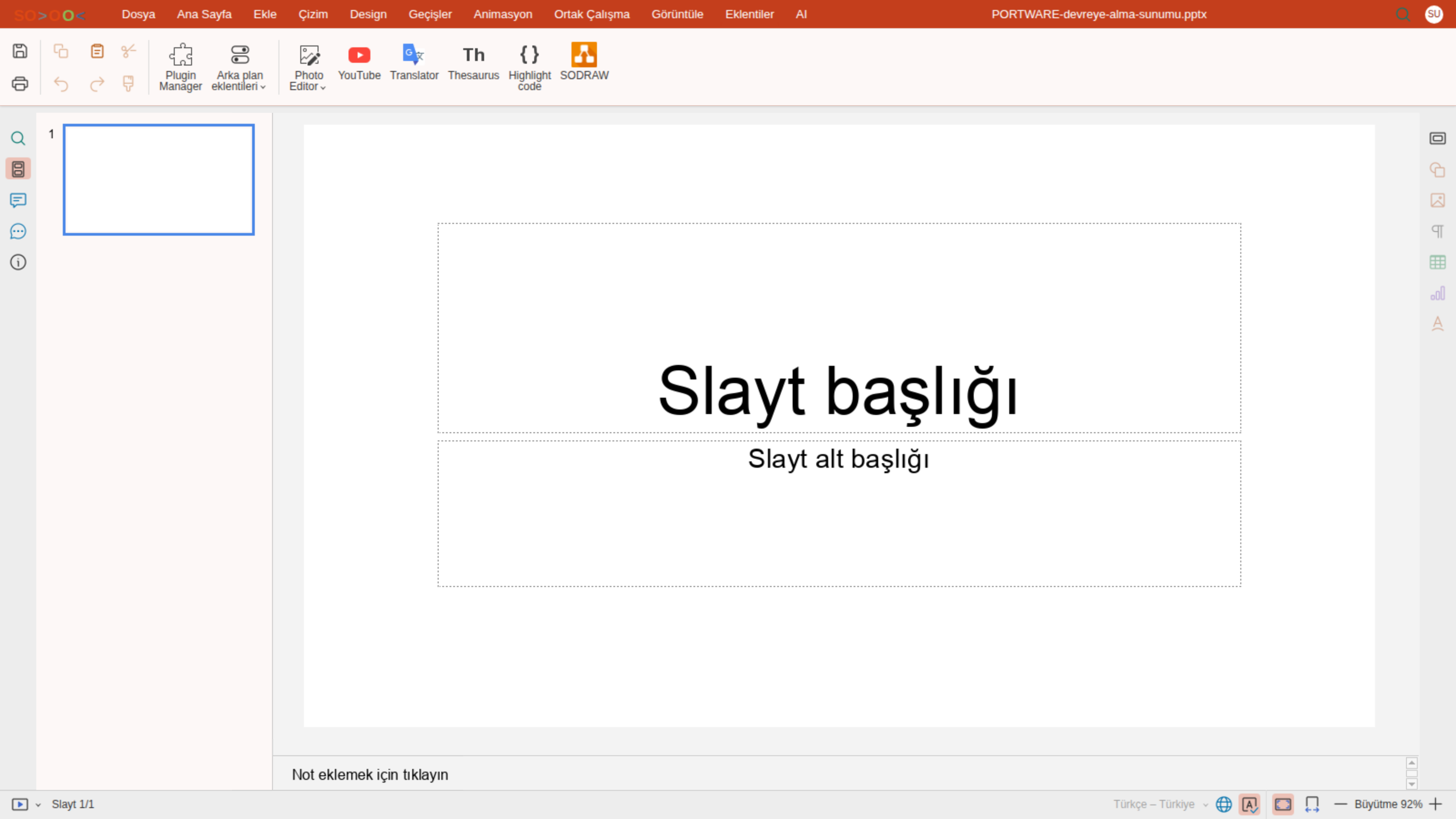Sunum editörü — Eklentiler sekmesi