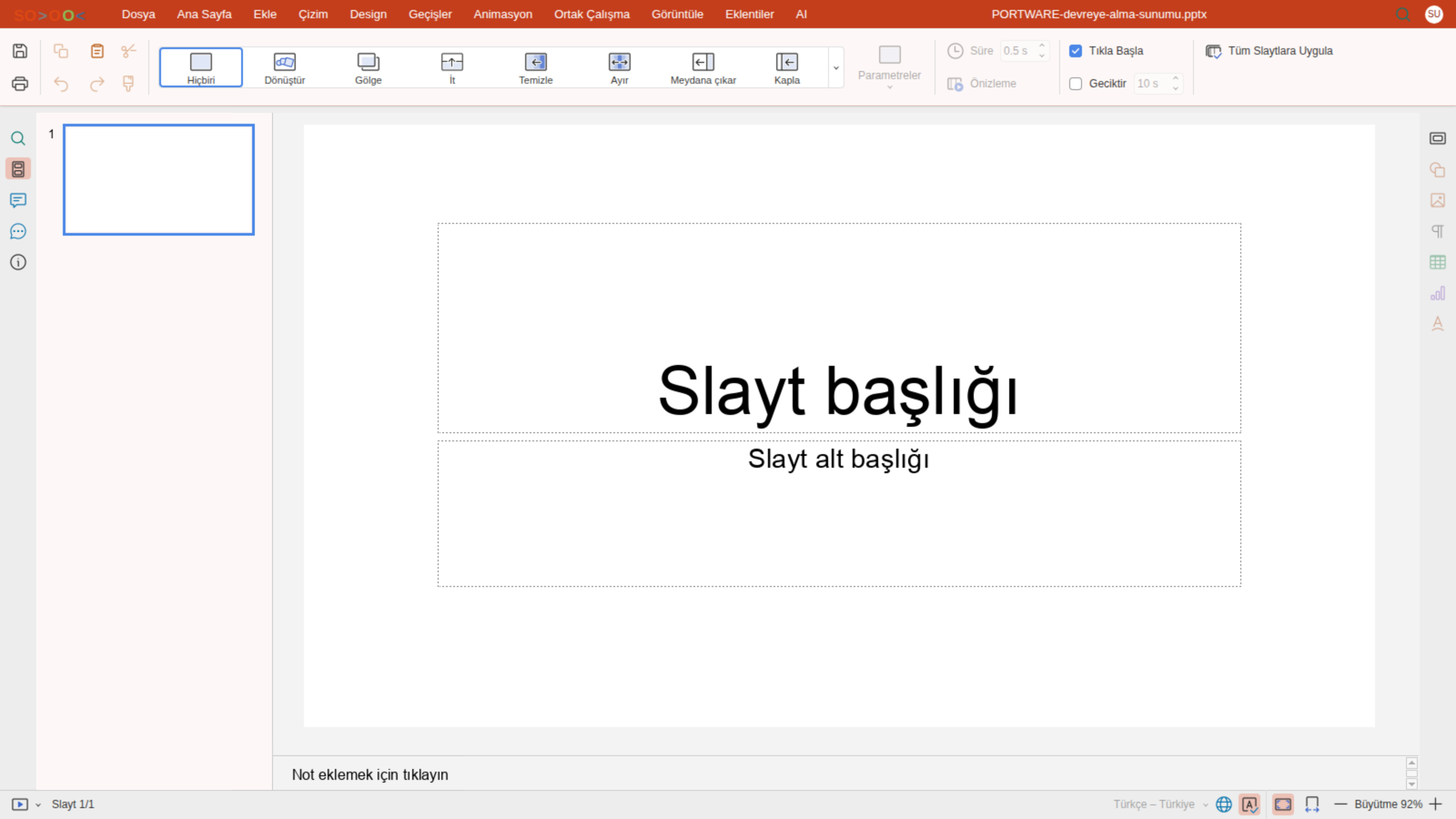 Sunum editörü — Geçişler sekmesi