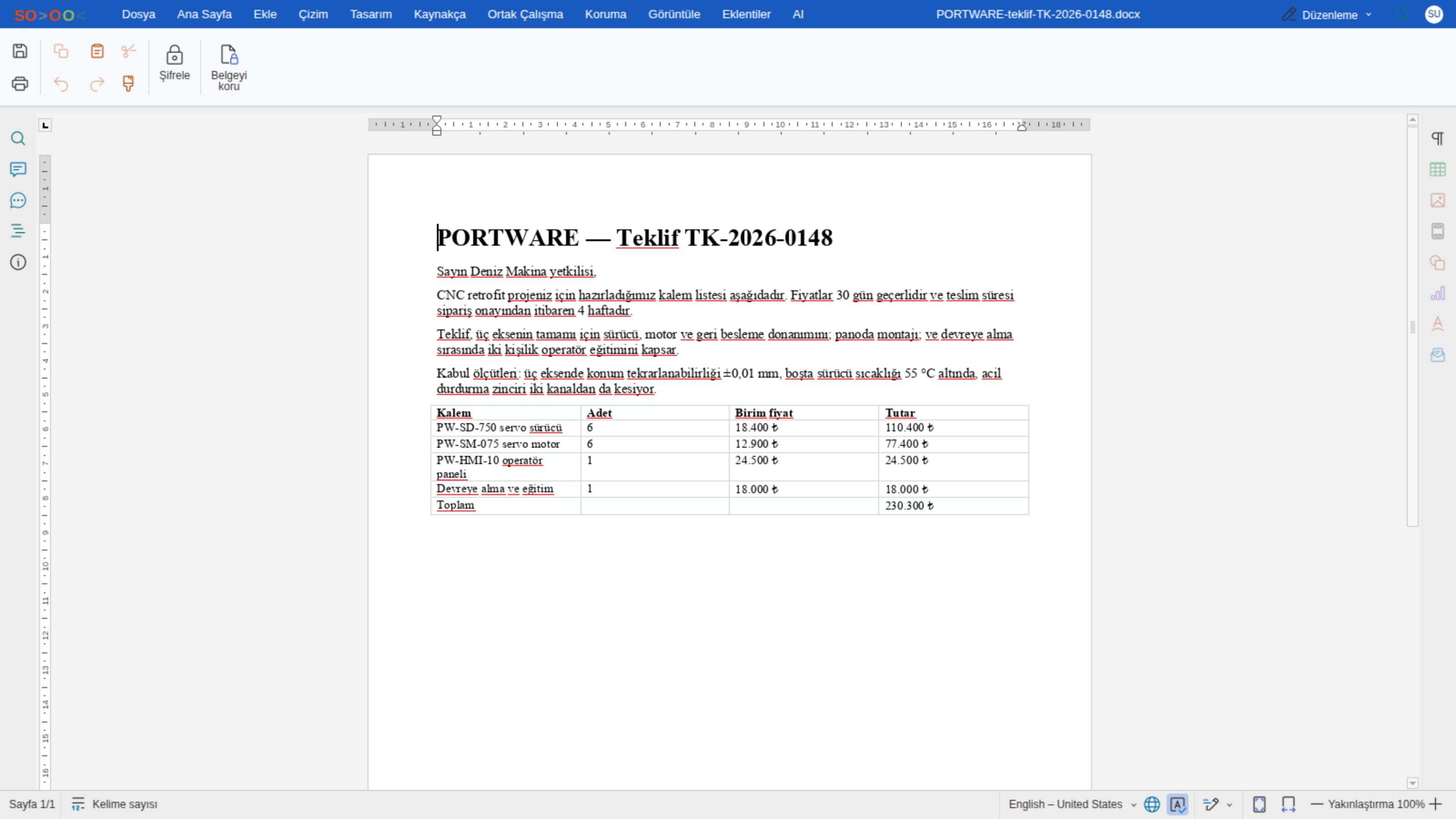 Word editörü — Koruma sekmesi