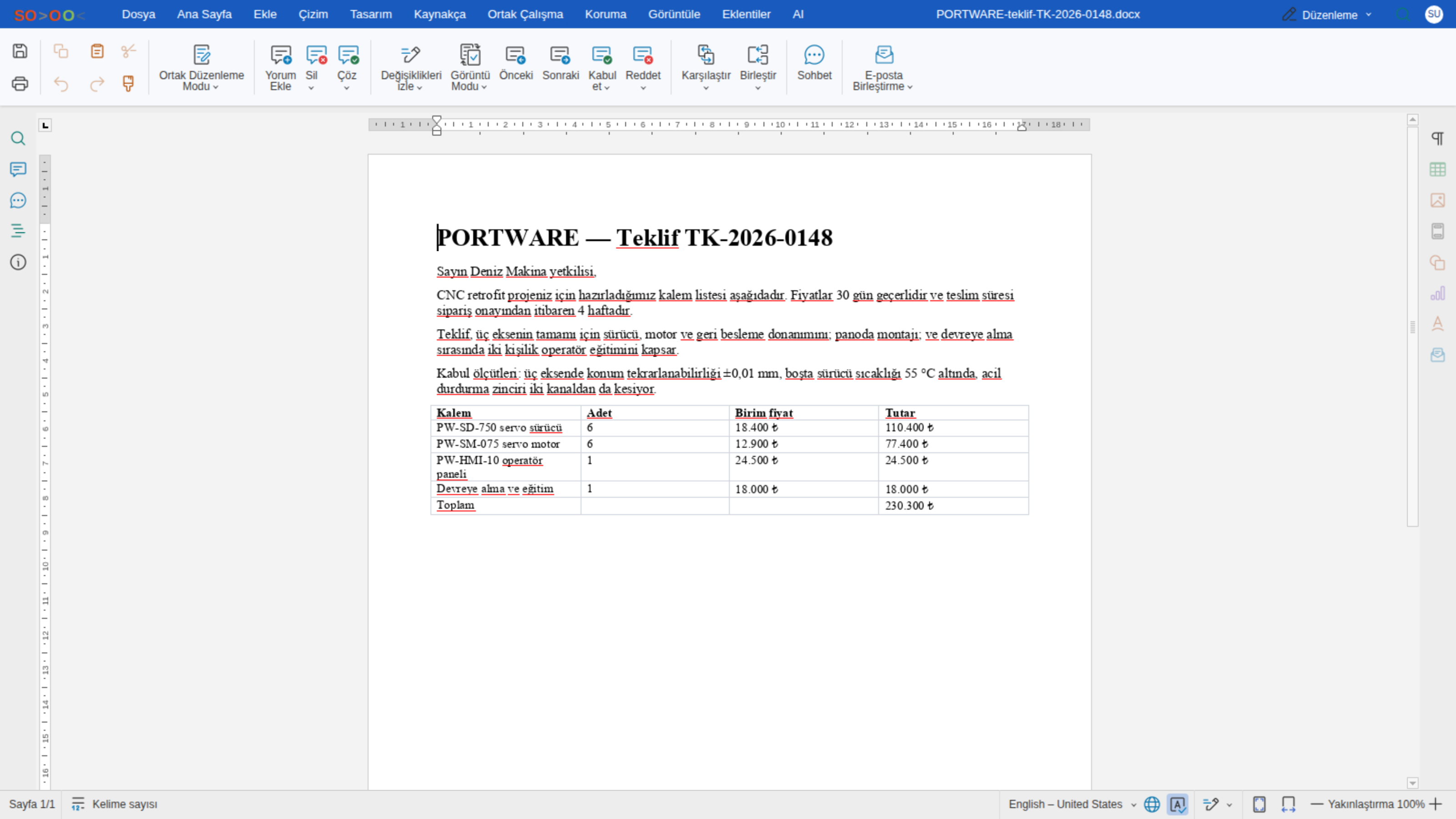 Word editörü — Ortak Çalışma sekmesi