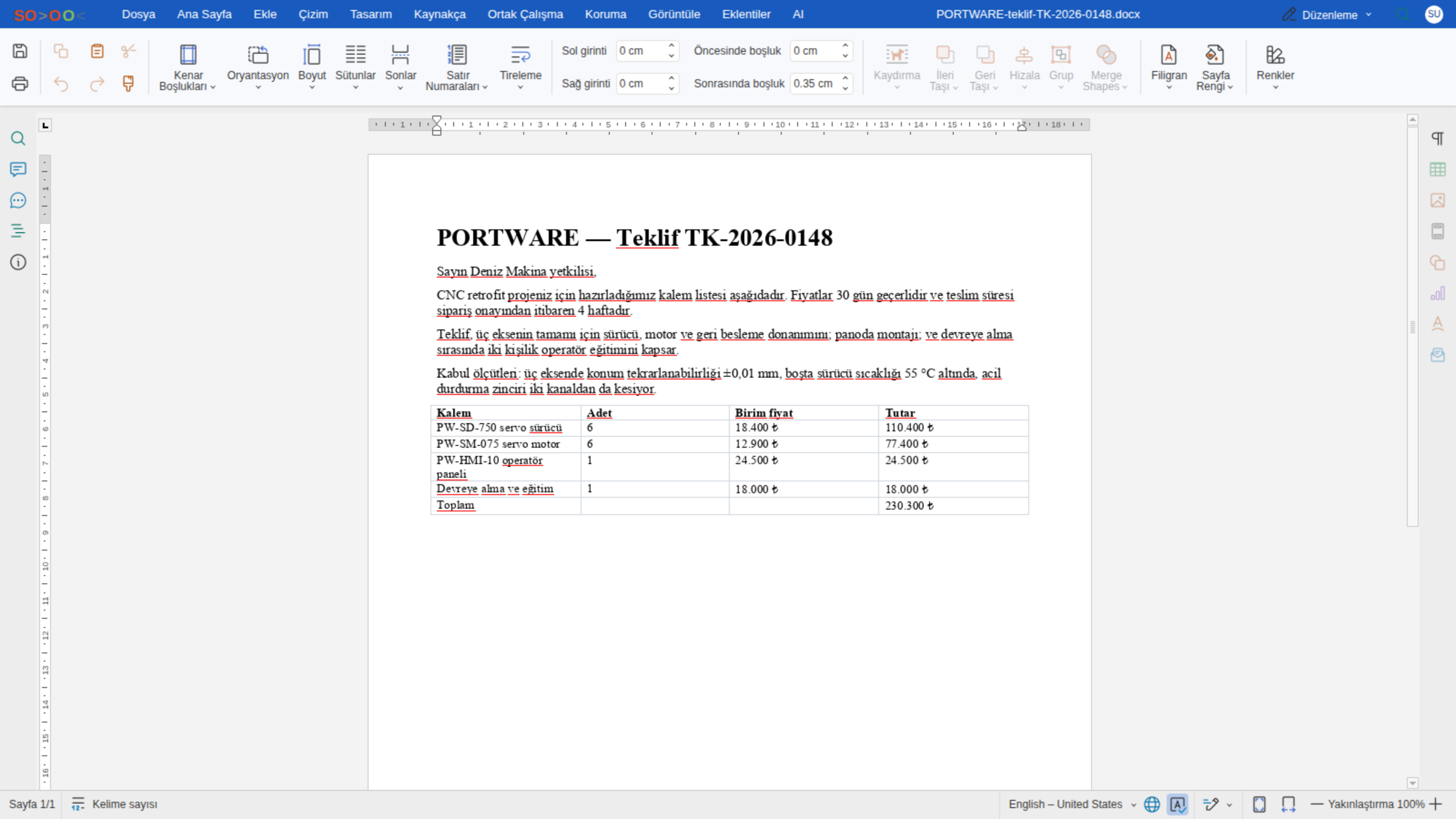 Word editörü — Tasarım sekmesi