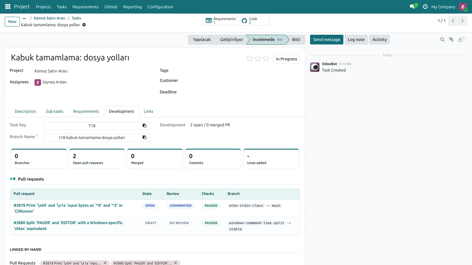 A task's development panel with its pull requests