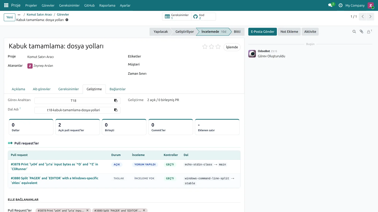 Bir görevin geliştirme paneli ve pull request'leri