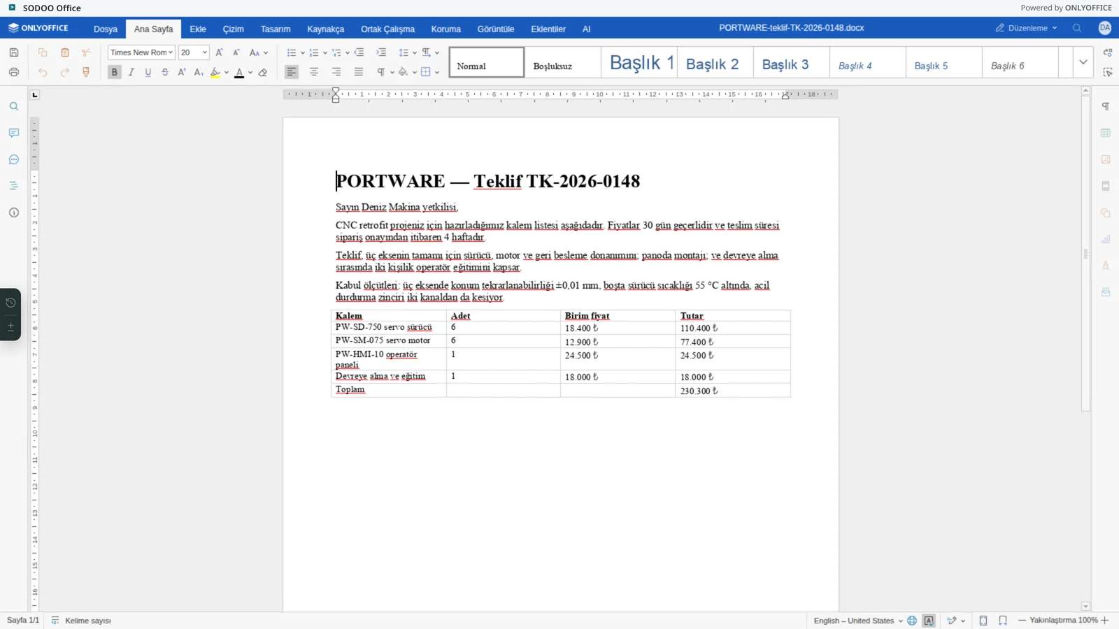 Word editöründe açık bir PORTWARE teklifi