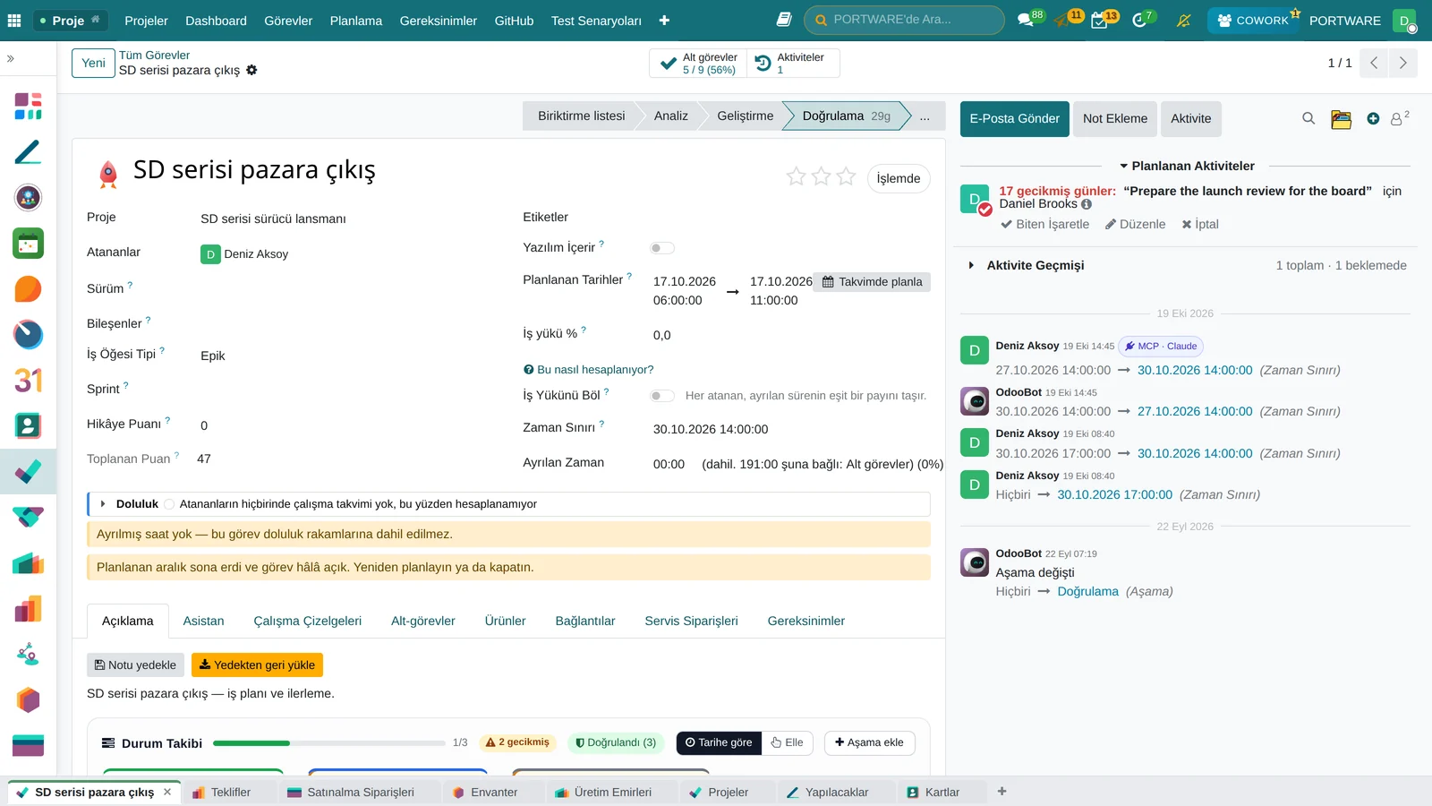 Açıklaması, alt görevleri ve notlarıyla bir proje görevi